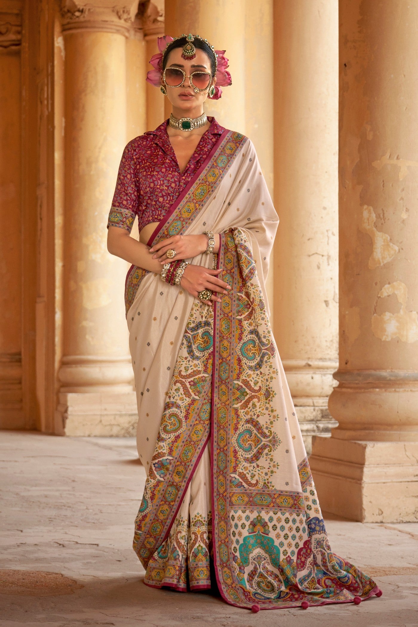 Buy MySilkLove Champagne Cream Printed Banarasi Saree Online