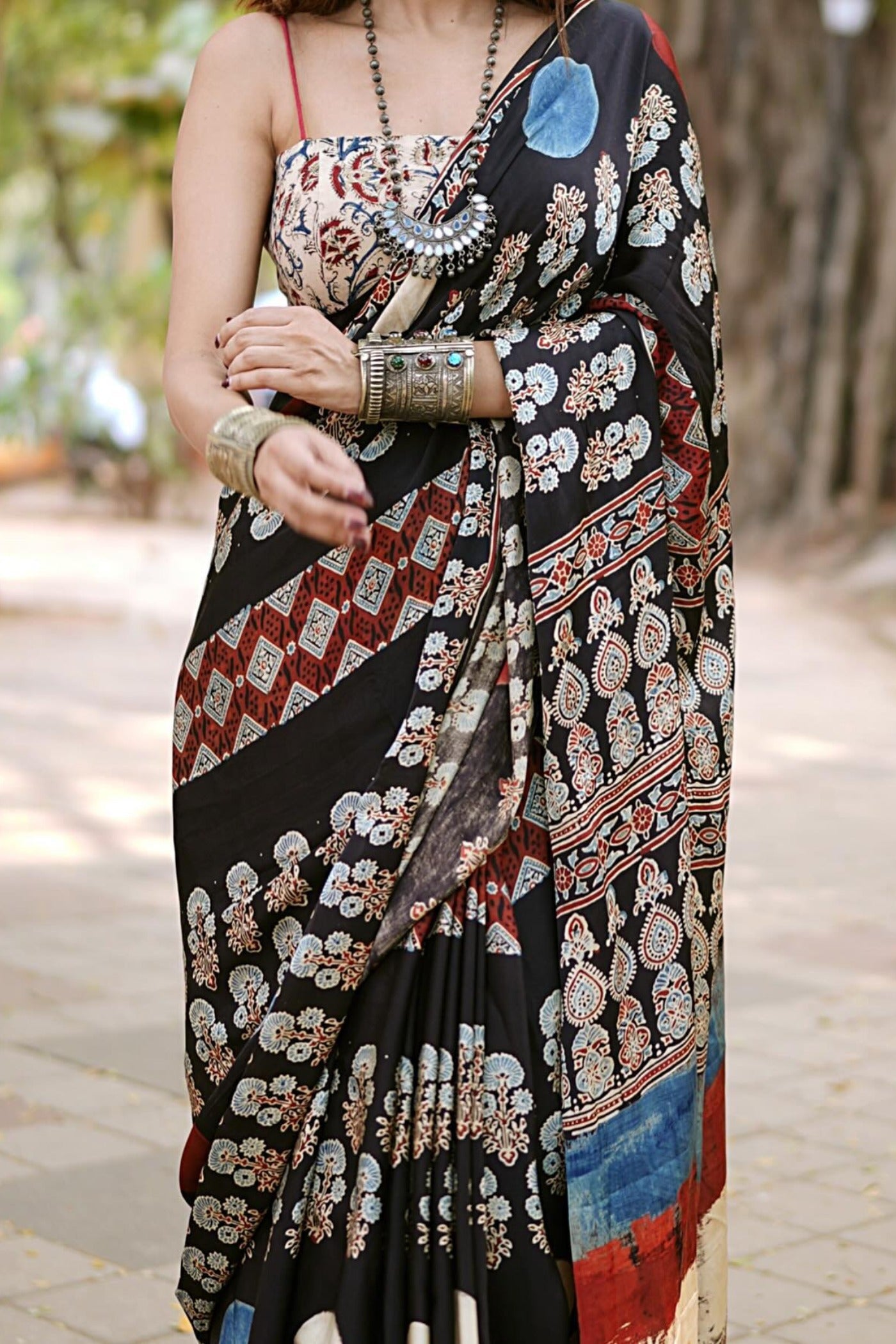 Buy MySilkLove Onyx Black Printed Polka Dots Satin Crepe Saree Online