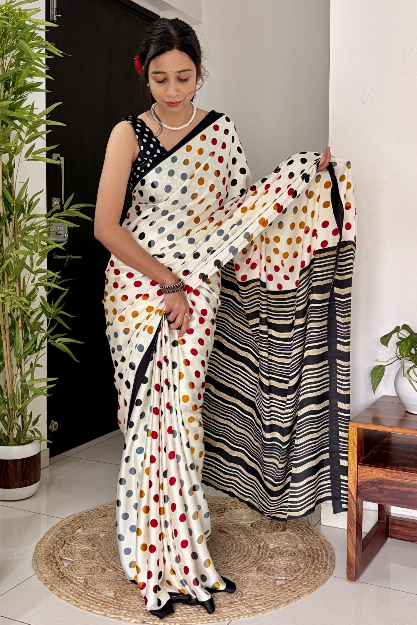 Buy MySilkLove Celestial White and Black Patola Printed Satin Crepe Saree Online