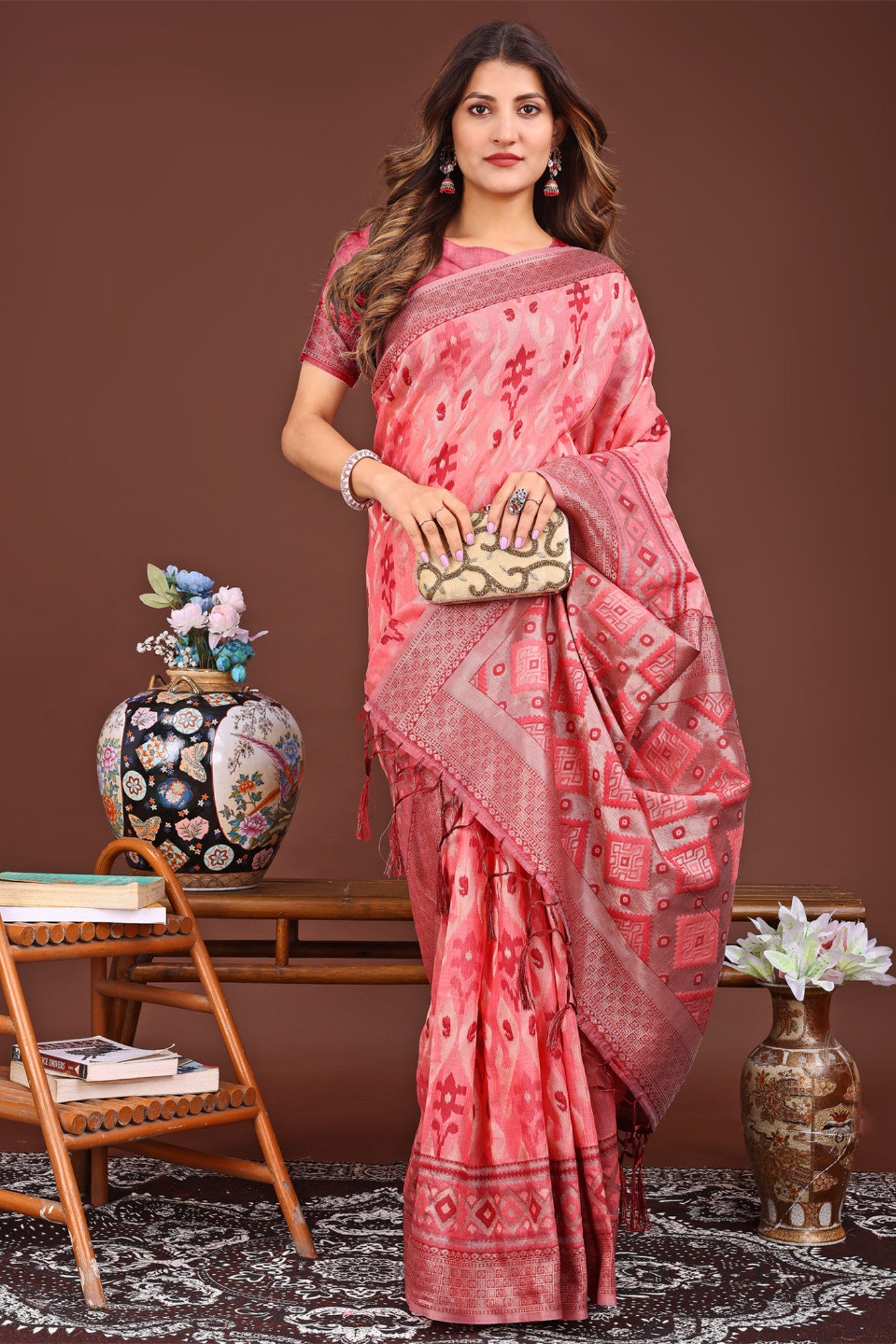 MySilkLove Deep Peach Woven Linen Cotton Saree