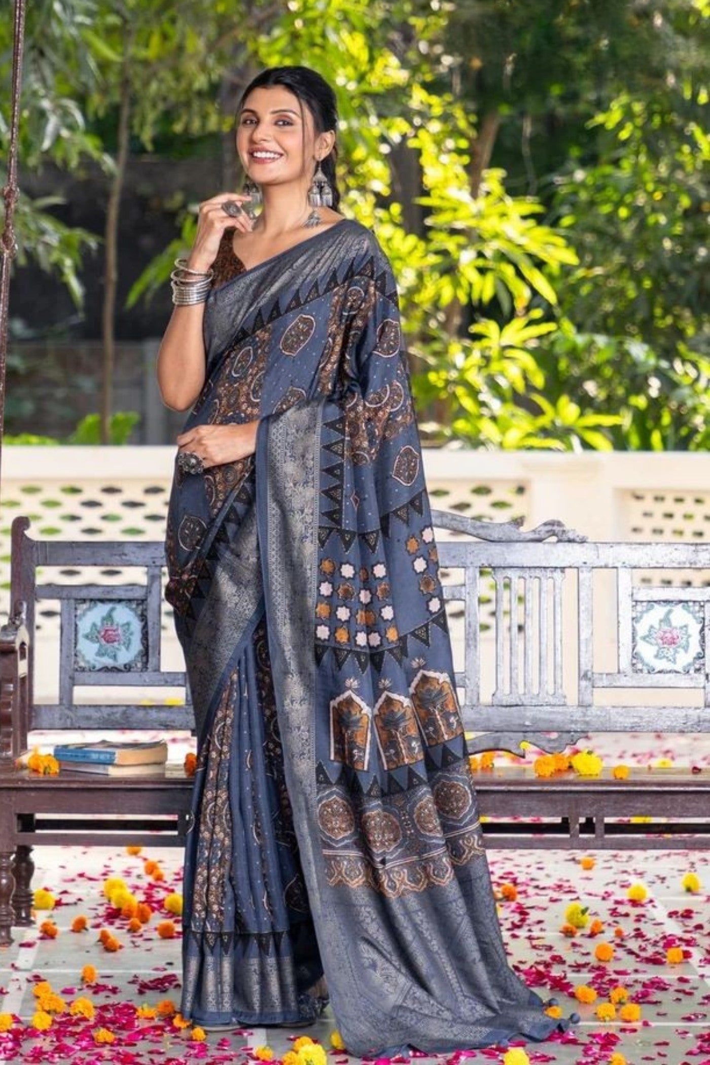 Buy MySilkLove Cloudy Grey Ajrakh Digital Printed Satin Saree Online