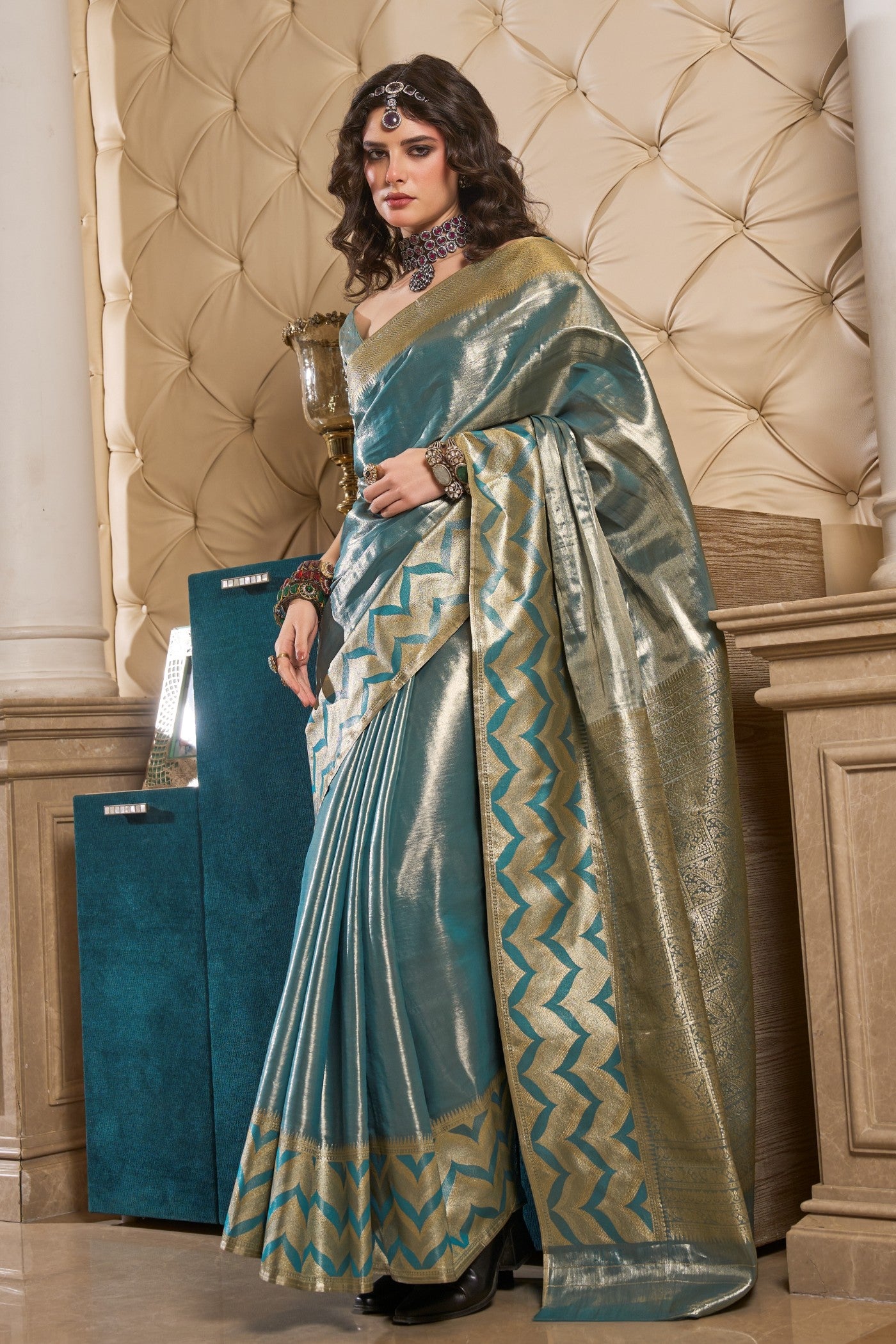 Buy MySilkLove Volt Blue Handloom Tissue Saree Online