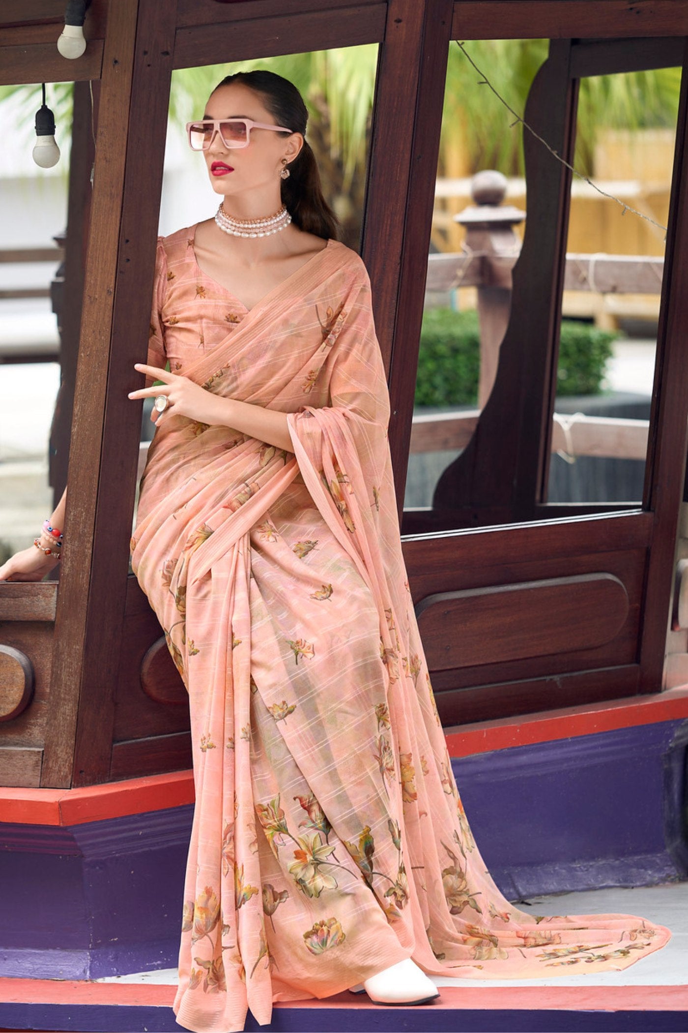 MySilkLove Wax Flower Peach Chiffon Silk Saree