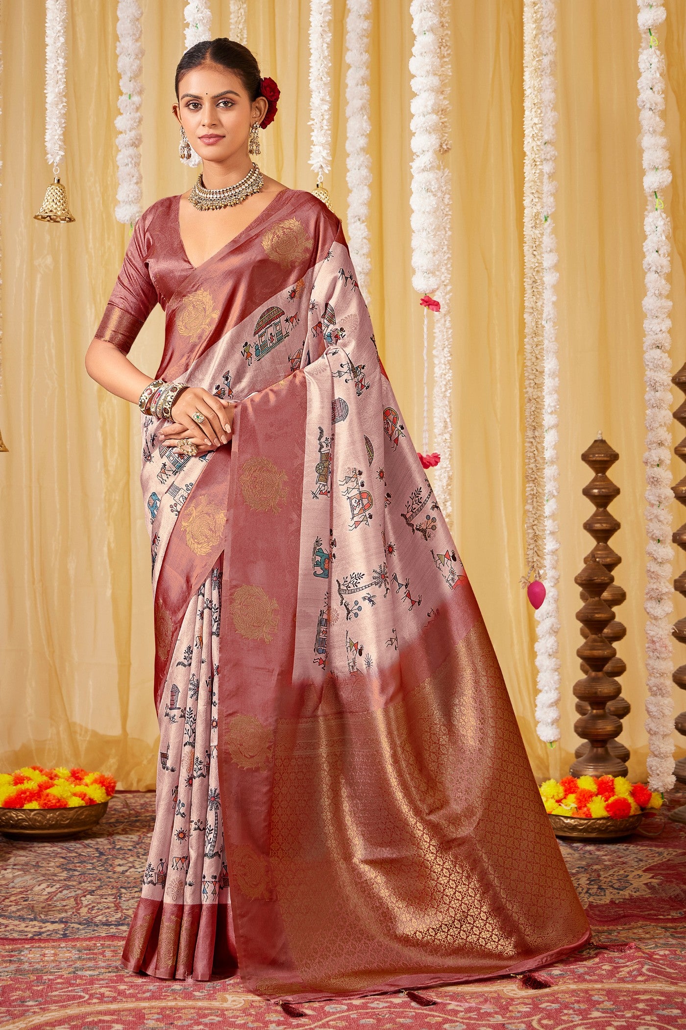 Buy MySilkLove Timber Brown Kalamkari Printed Saree Online