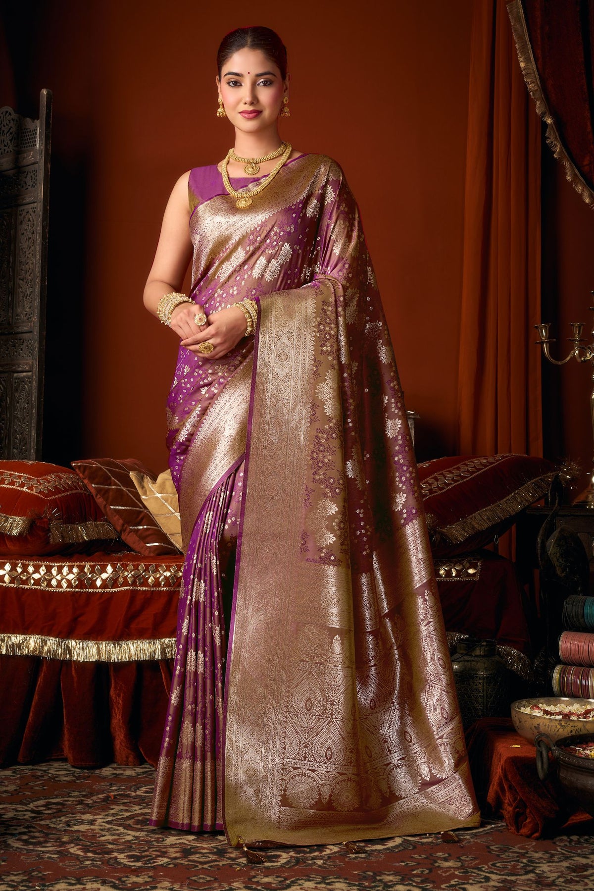 Buy MySilkLove Lipstick Purple Woven Banarasi Jacquard Soft Silk Saree Online