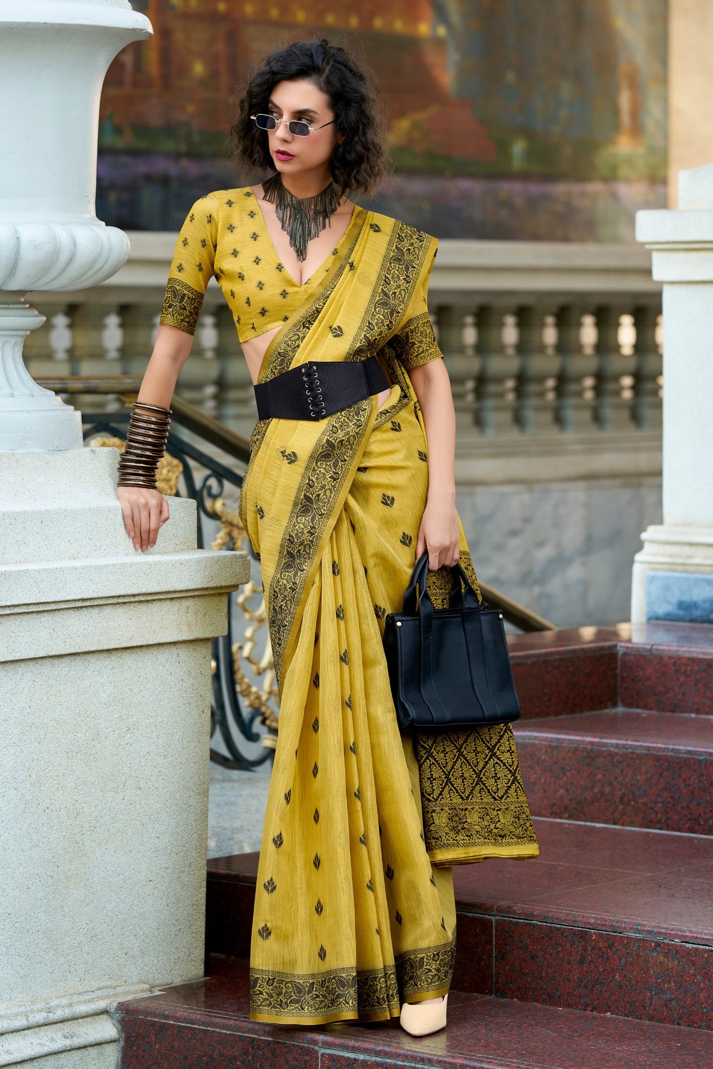 Buy MySilkLove Minion Yellow Tissue Linen Saree Online