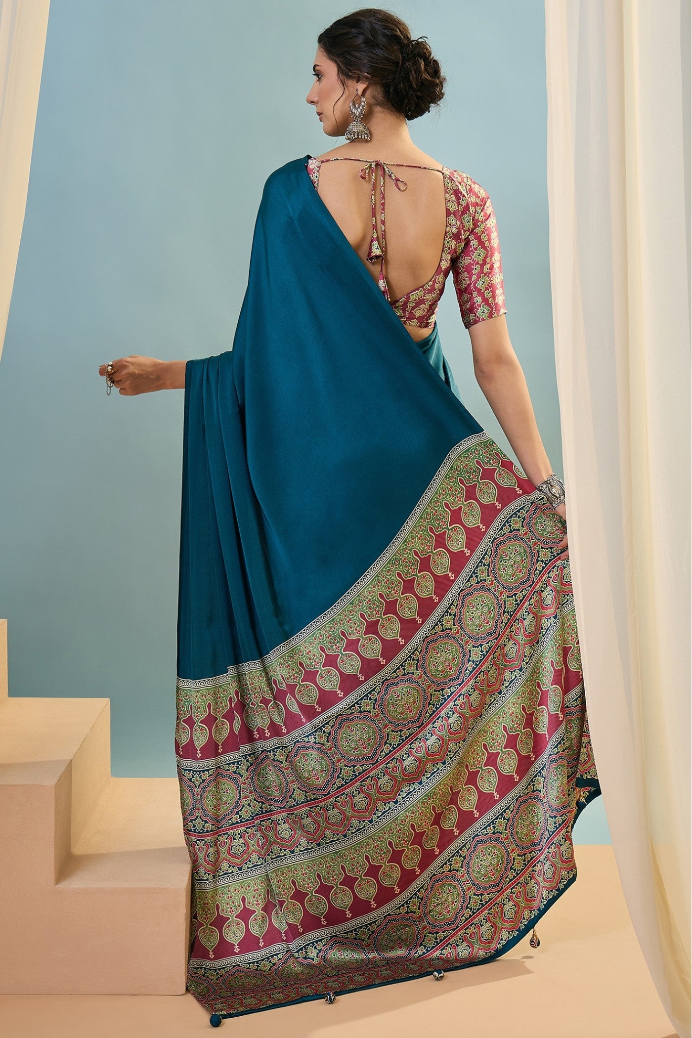 Buy MySilkLove Arcane Blue Ajrakh Printed Satin Crepe Silk Saree Online