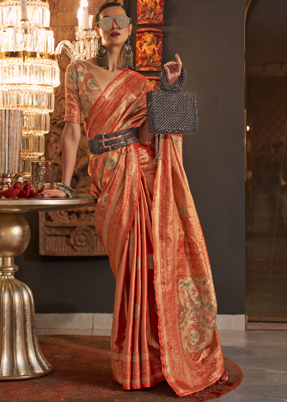 Buy MySilkLove Cognac Peach Dual Tone Banarasi Silk Saree Online