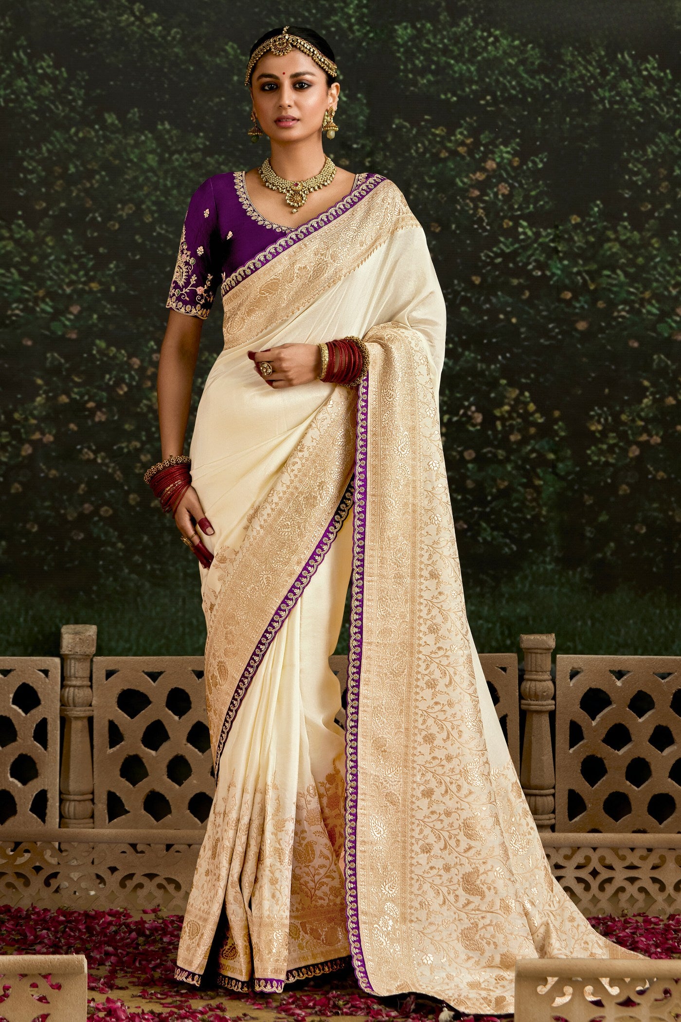 Buy MySilkLove Alabaster Cream Designer Banarasi Saree Online