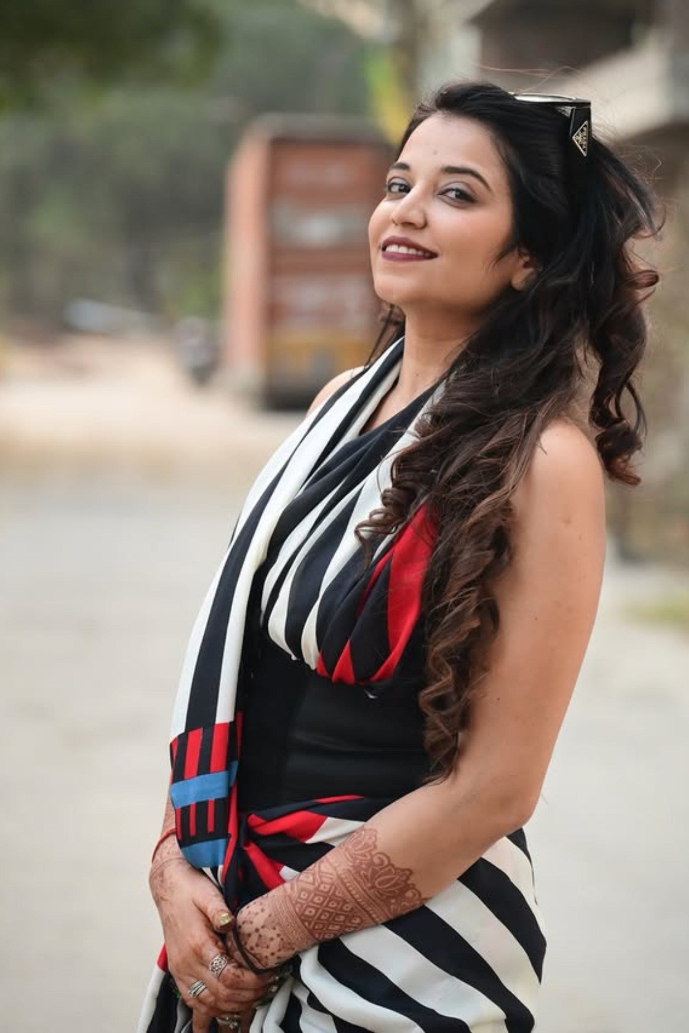 MySilkLove Aced Black and White Stripes Printed Satin Crepe Silk Saree