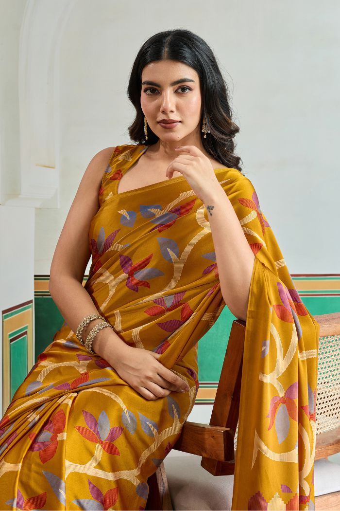 MySilkLove Tulip Yellow Modal Ajrakh Printed Satin Silk Saree