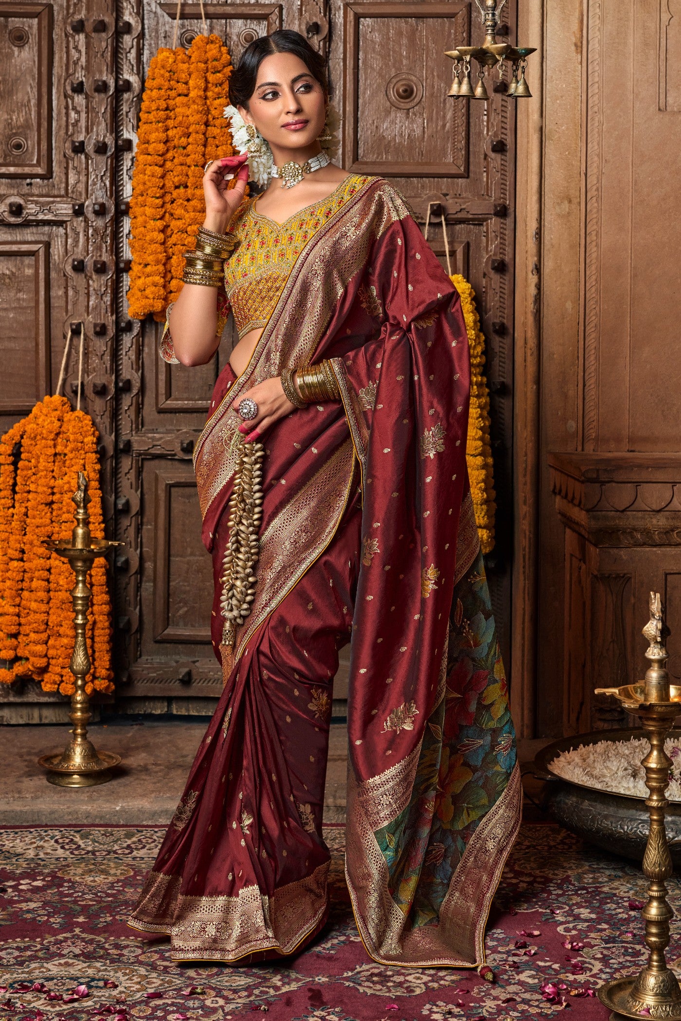 Buy MySilkLove Nutmeg Maroon Designer Banarasi Saree Online