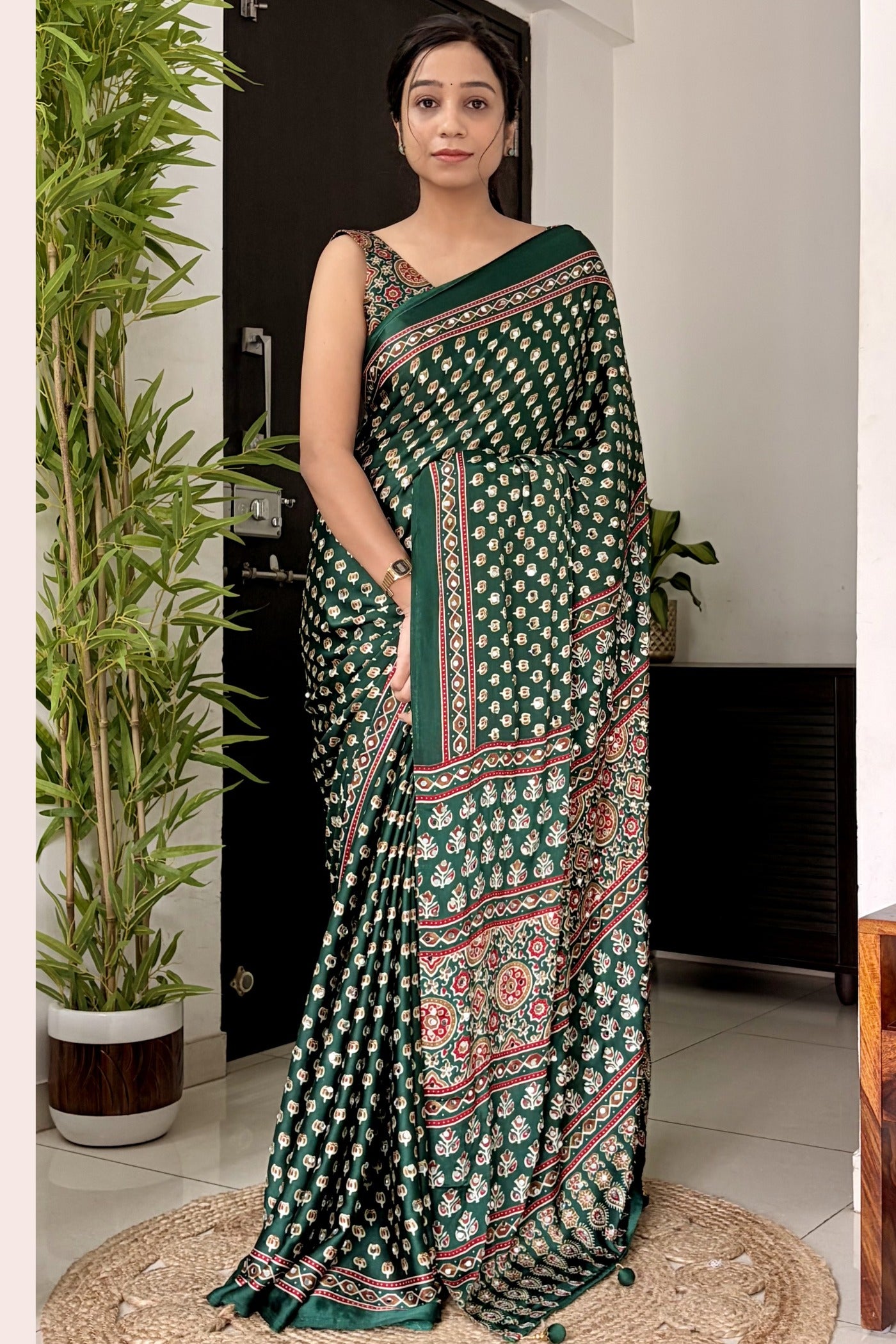 Buy MySilkLove Hunter Green Modal Ajrakh Satin Printed Mirror Work Saree Online