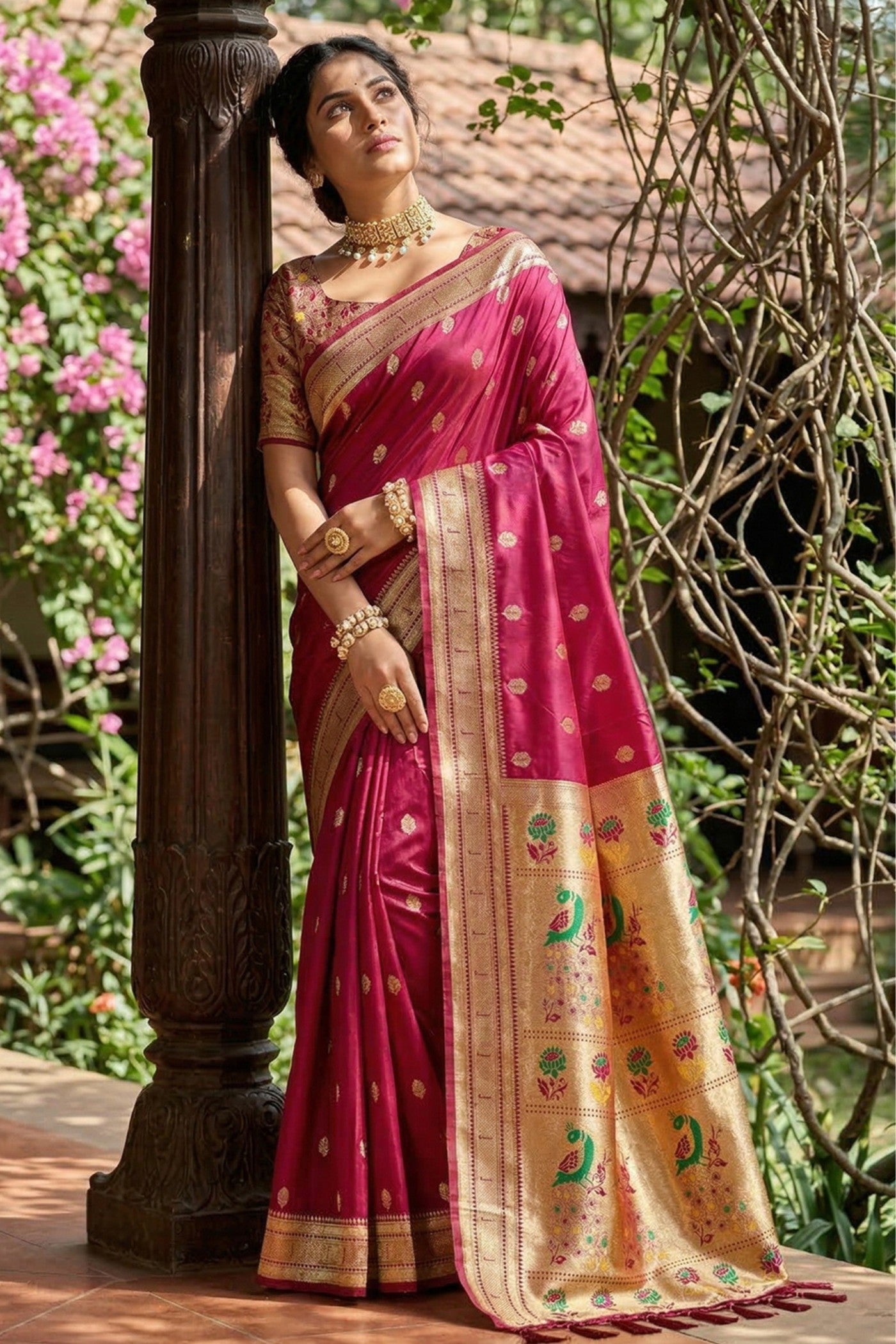 Buy MySilkLove Dark Rose Pink Zari Woven Paithani Saree Online