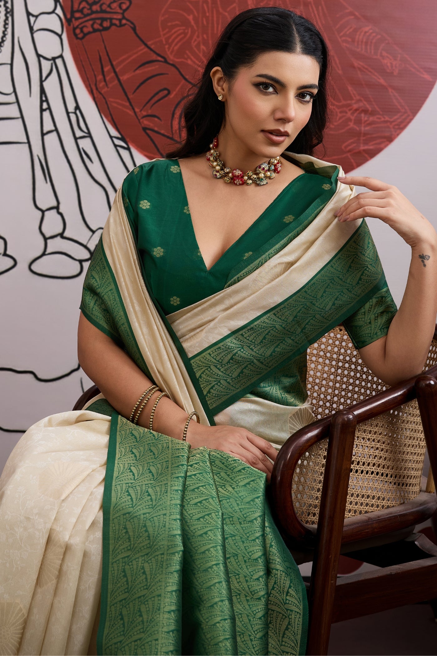 MySilkLove Windsor Cream and Green Handloom South Silk Saree