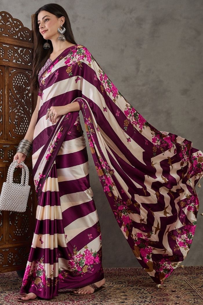 Buy MySilkLove Cosmic Purple Stripe Printed Floral Satin Gaji Silk Saree Online