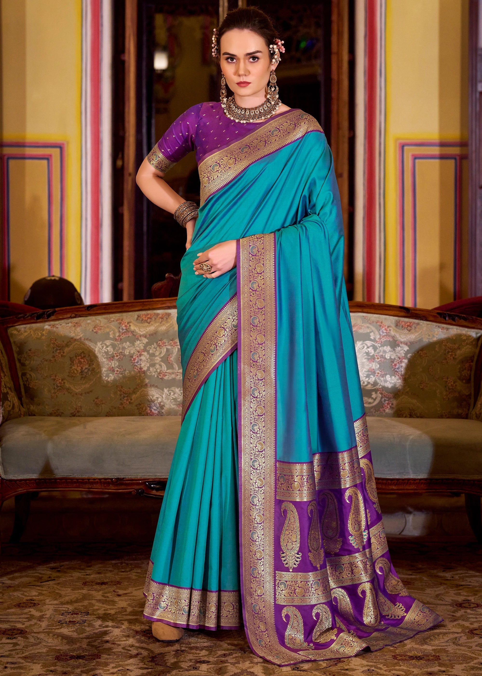Buy MySilkLove Cyan Blue Woven Banarasi Soft Silk Saree Online