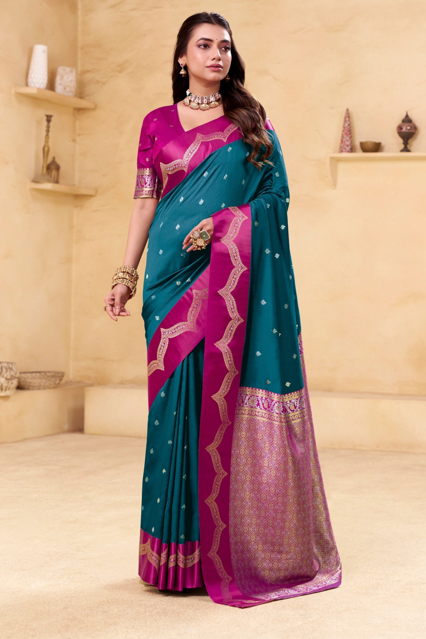 Buy MySilkLove Peacock Blue Woven Banarasi Satin Soft Silk Saree Online