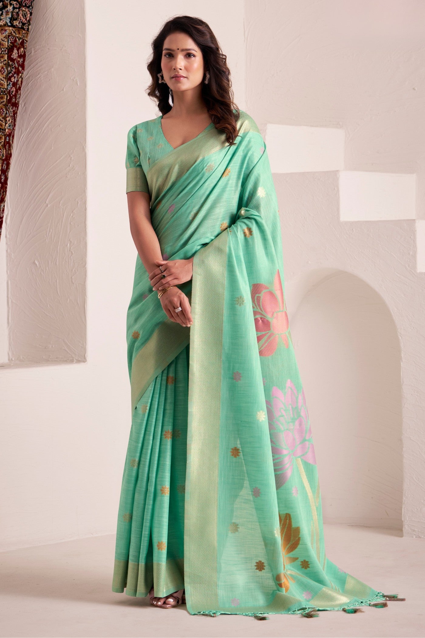 Buy MySilkLove Sea Green Woven Linen Saree Online