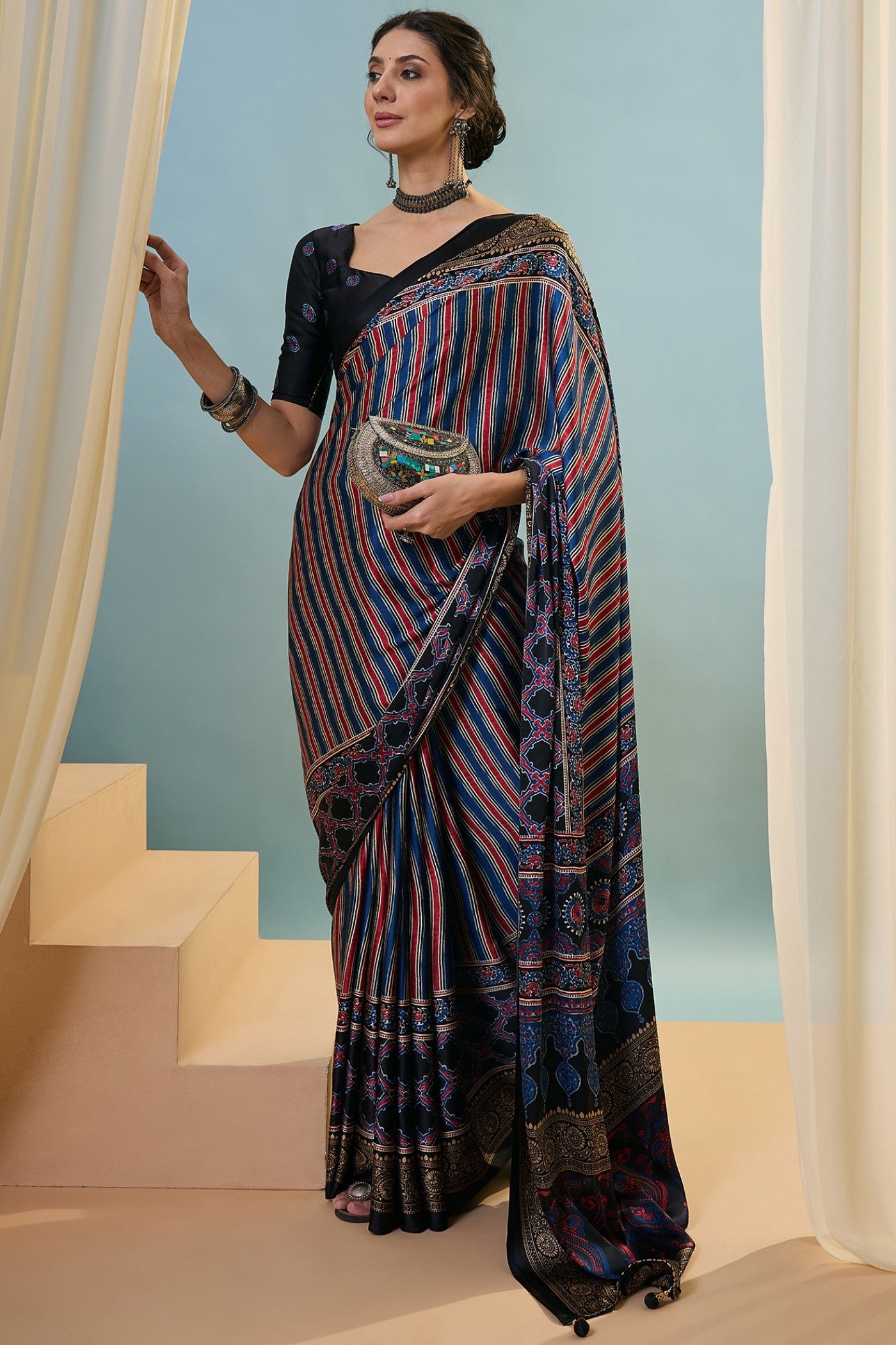 Buy MySilkLove Holo Blue Ajrakh Printed Satin Crepe Silk Saree Online