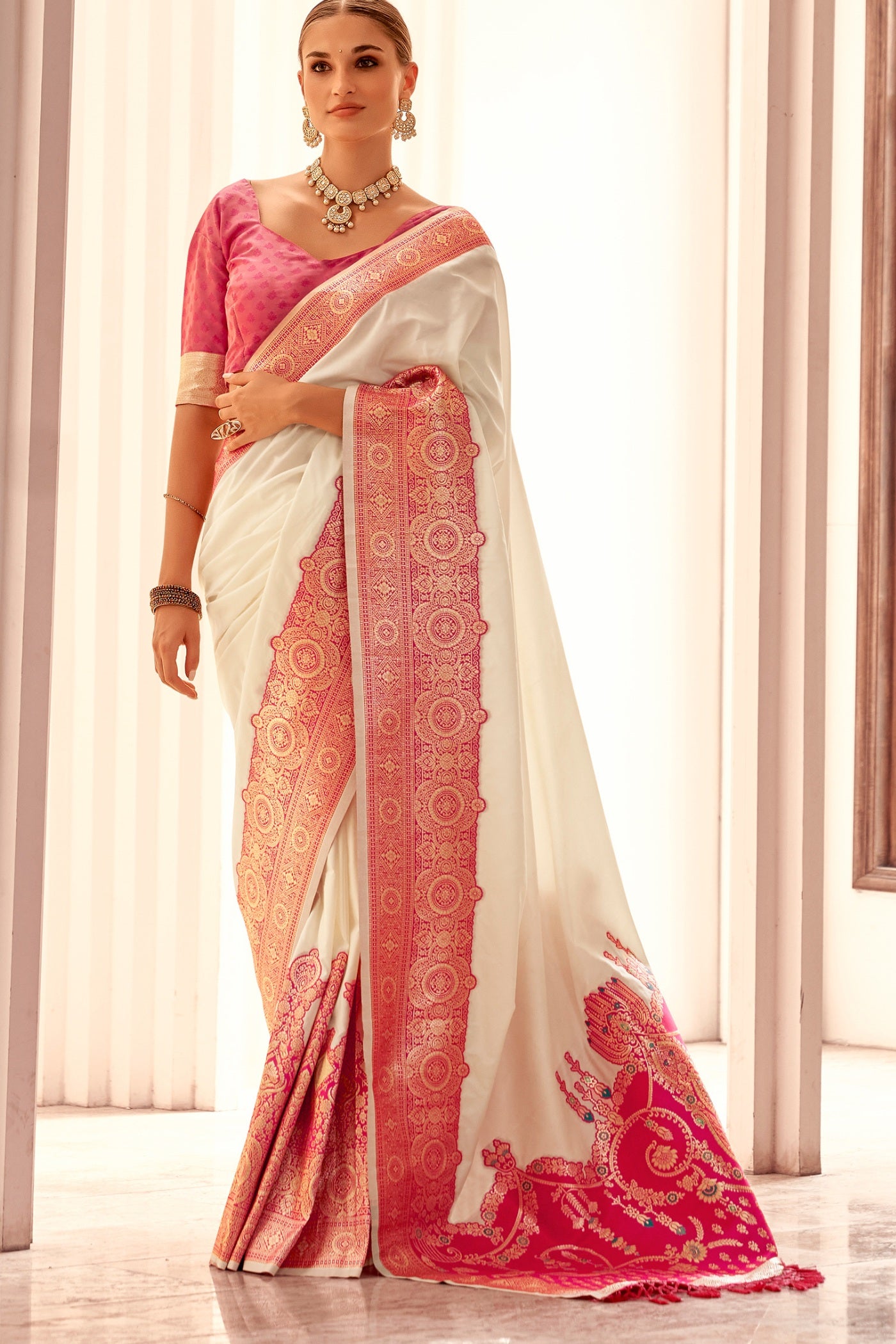 Buy MySilkLove Milk White Woven Banarasi Soft Silk Saree Online