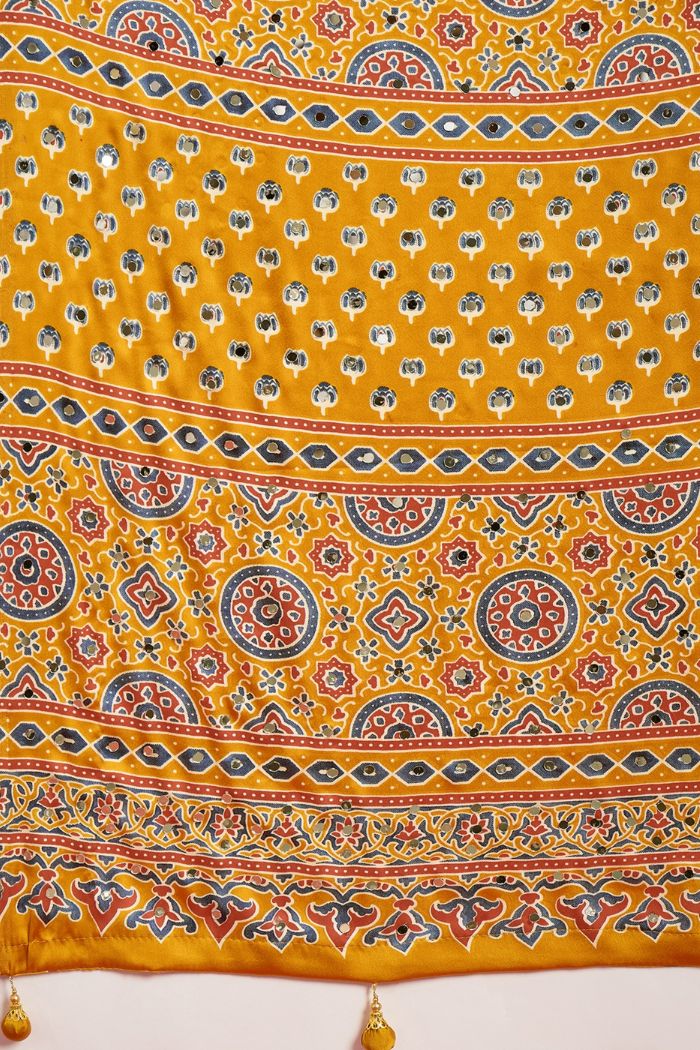 Buy MySilkLove Marigold Yellow Modal Ajrakh Satin Printed Mirror Work Saree Online