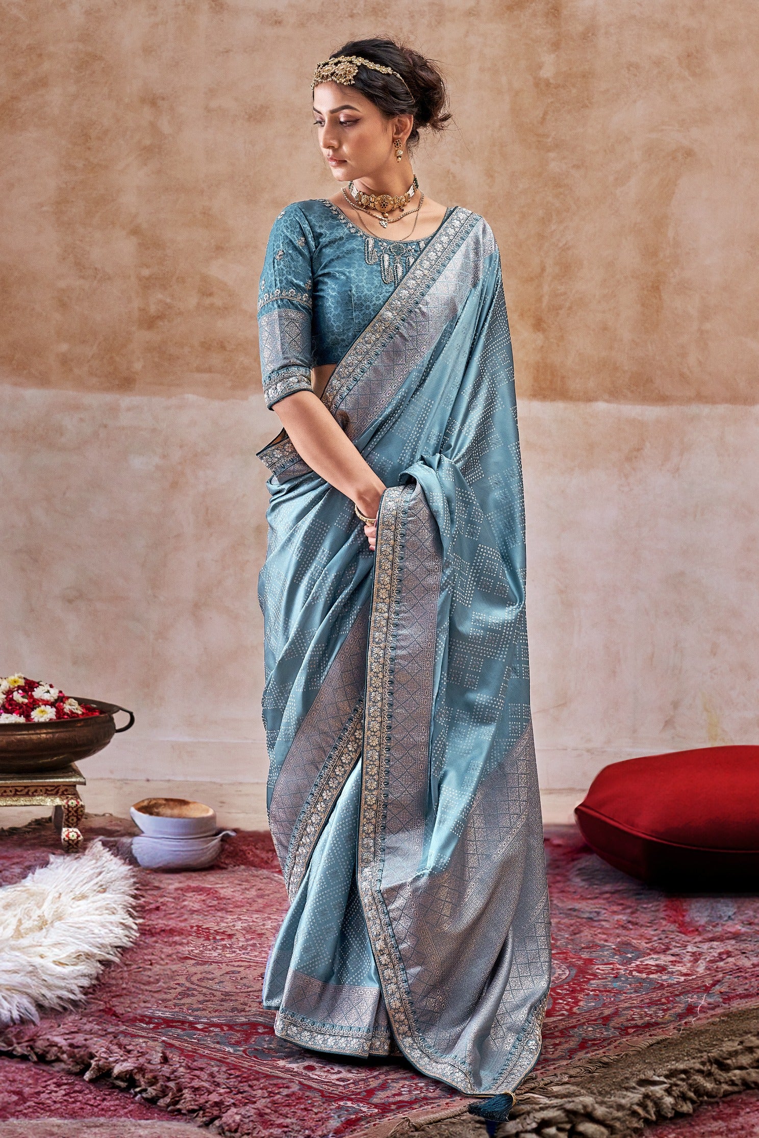 Buy MySilkLove Pearl Blue Embroidered Satin Silk Saree Online