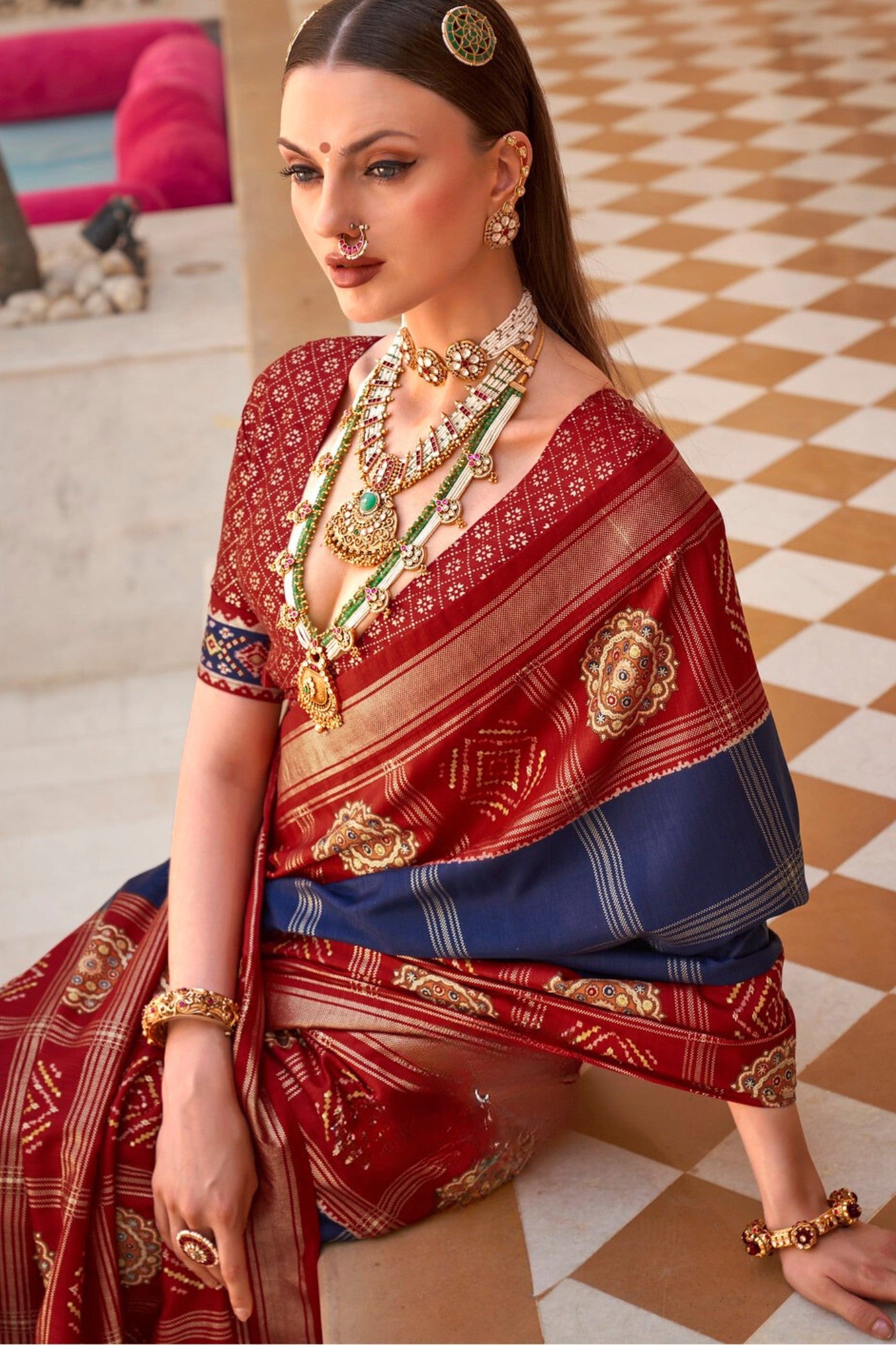 Buy MySilkLove Water Blue and Red Printed Patola Saree Online