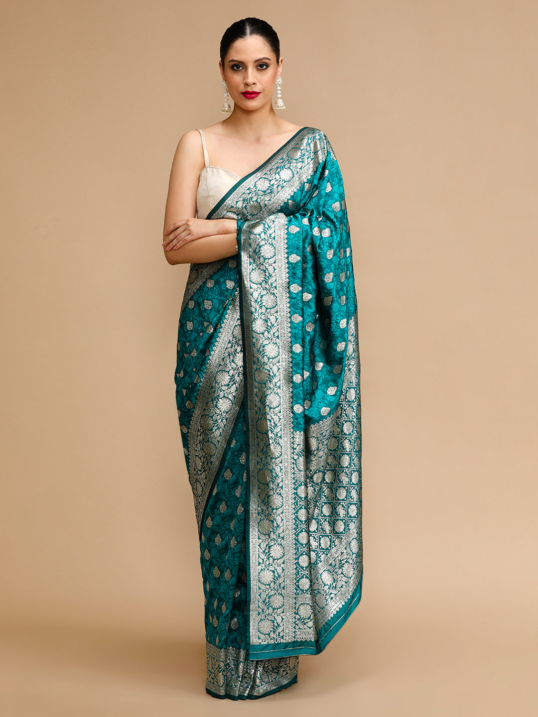 Buy MySilkLove Viridian Green Woven Jacquard Lichi Silk Saree Online
