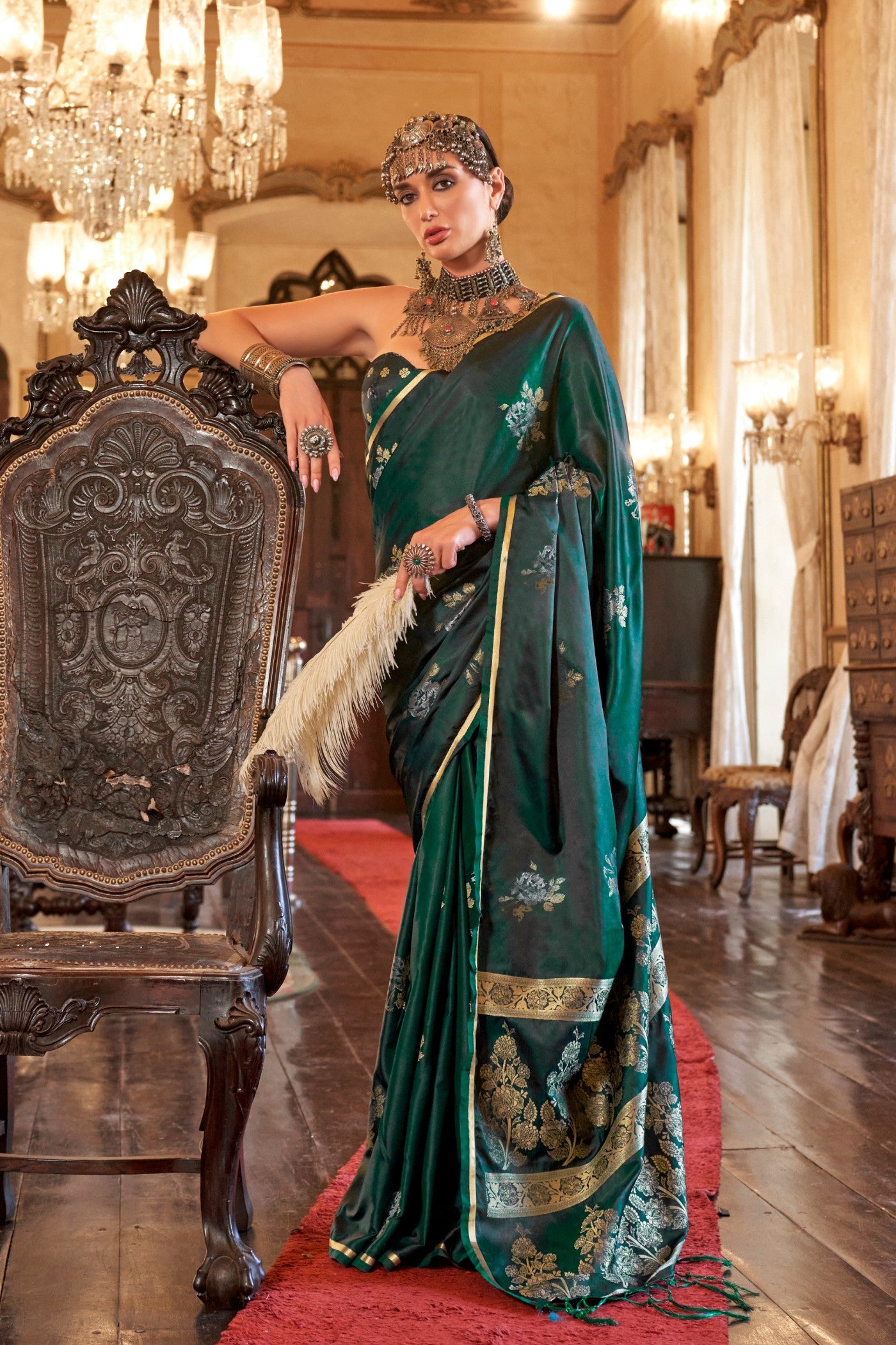 Buy MySilkLove Lawn Green Banarasi Satin Saree Online