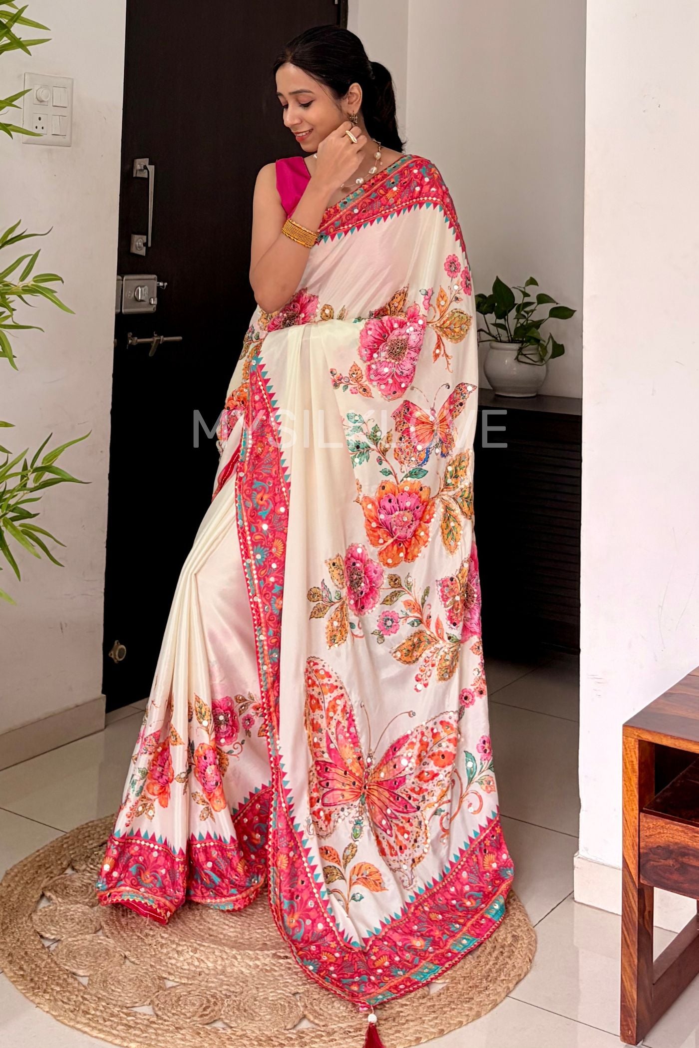 MySilkLove Frost White Chinon Floral Partywear Printed Mirror Work Saree