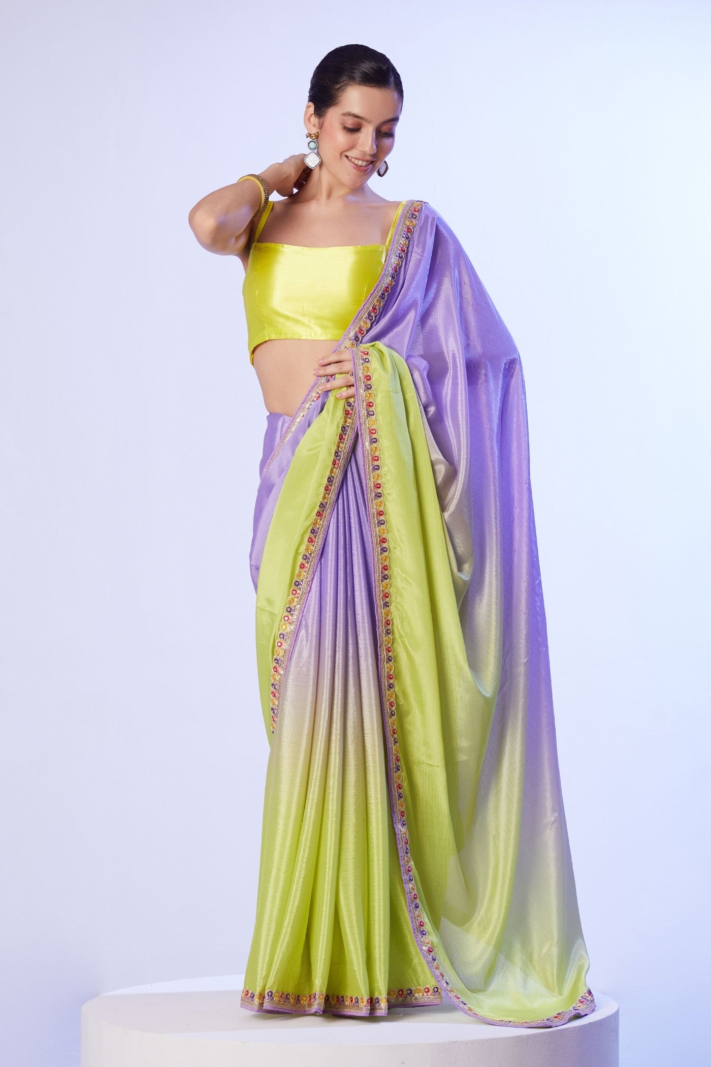 Buy MySilkLove Neon Yellow and Purple Designer Partywear Saree Online