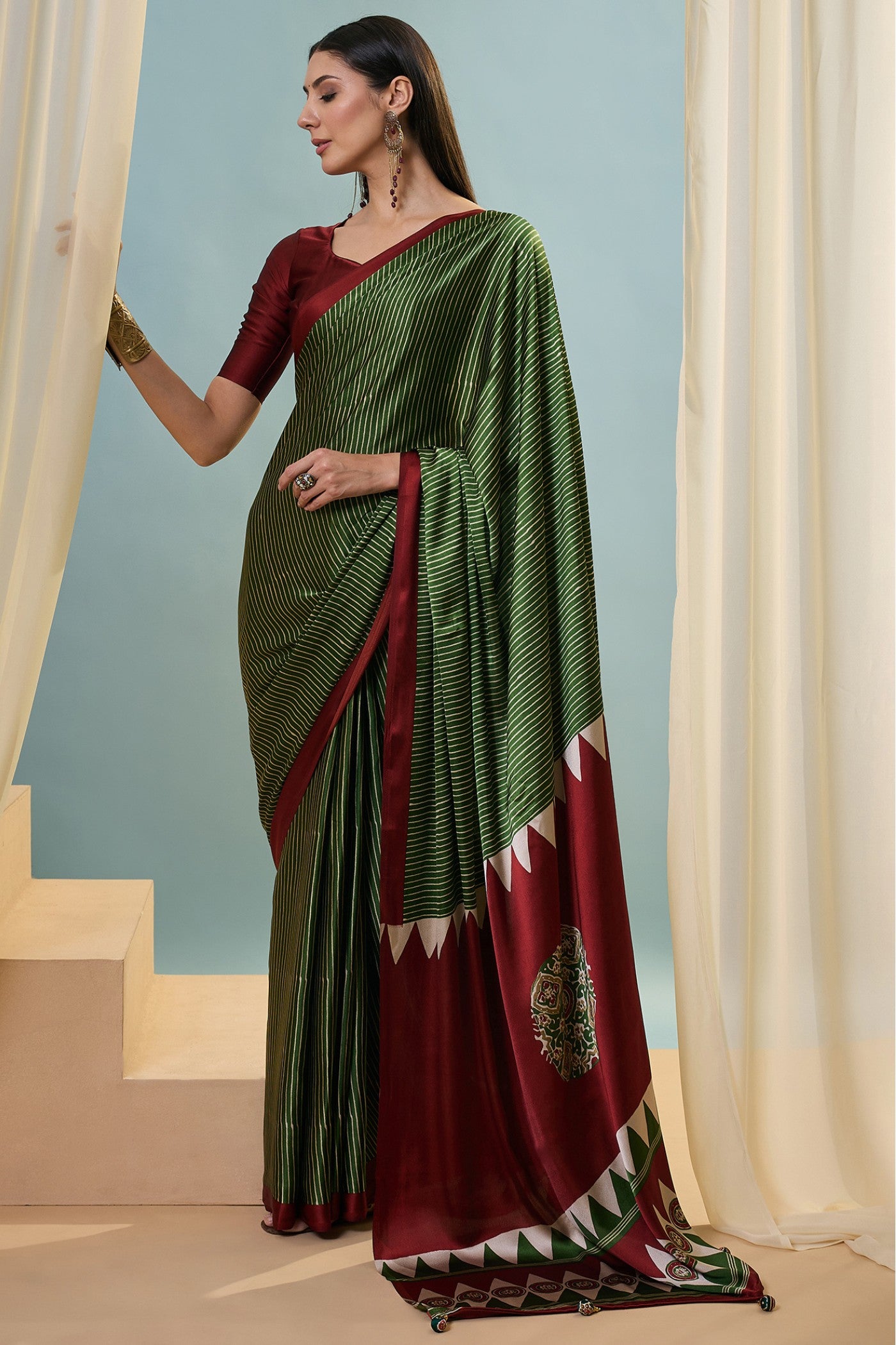 Buy MySilkLove Ember Green Ajrakh Printed Satin Crepe Silk Saree Online