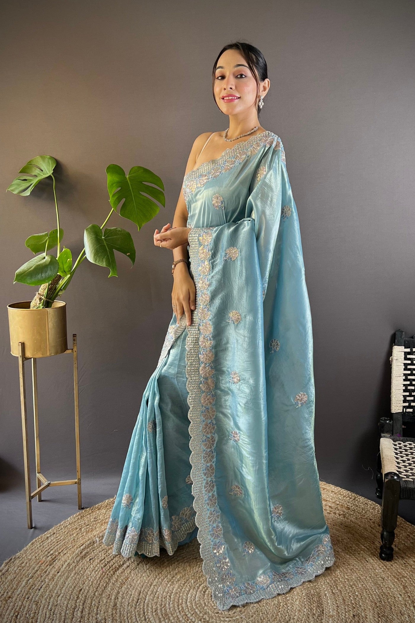 Buy MySilkLove Gothic Blue Embroidered Party Wear Saree Online