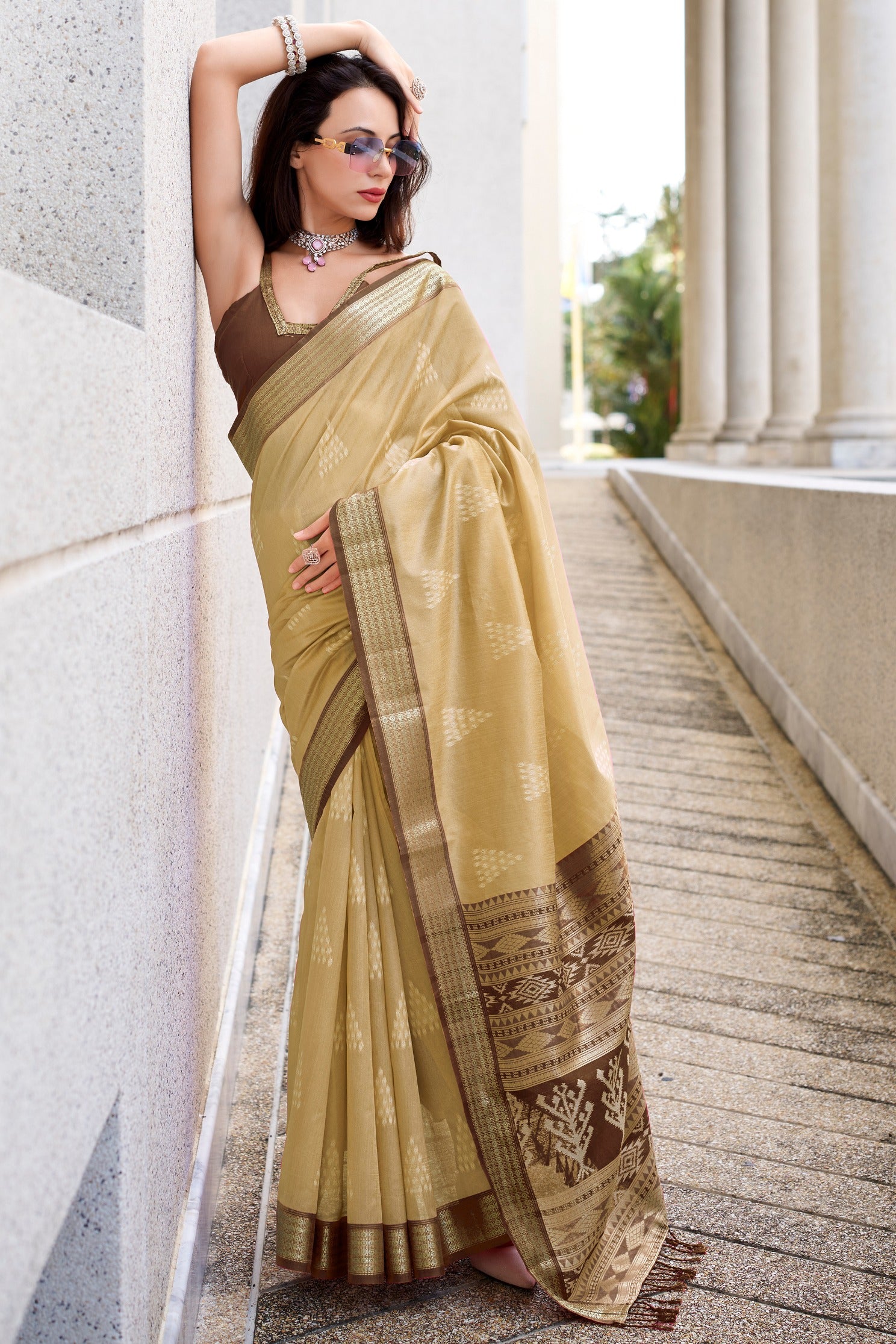 Buy MySilkLove Cashew Cream Ikkat Woven Banarasi Saree Online