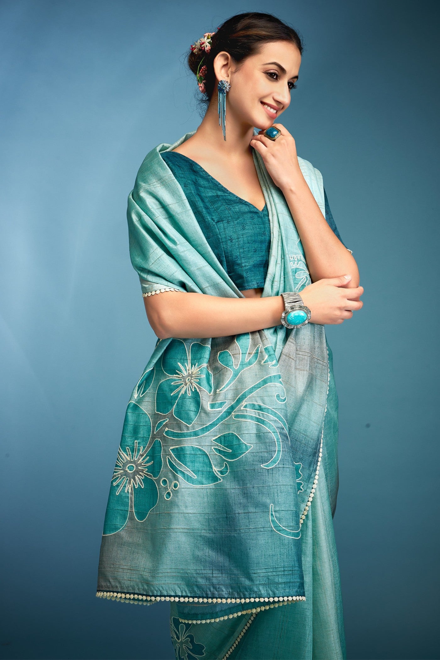 MySilkLove Blue Flax Designer Tussar Silk Saree