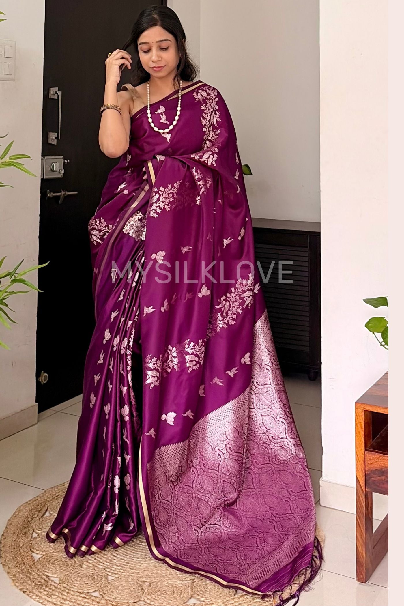 Buy MySilkLove Raisin Purple Handloom Satin Silk Saree Online