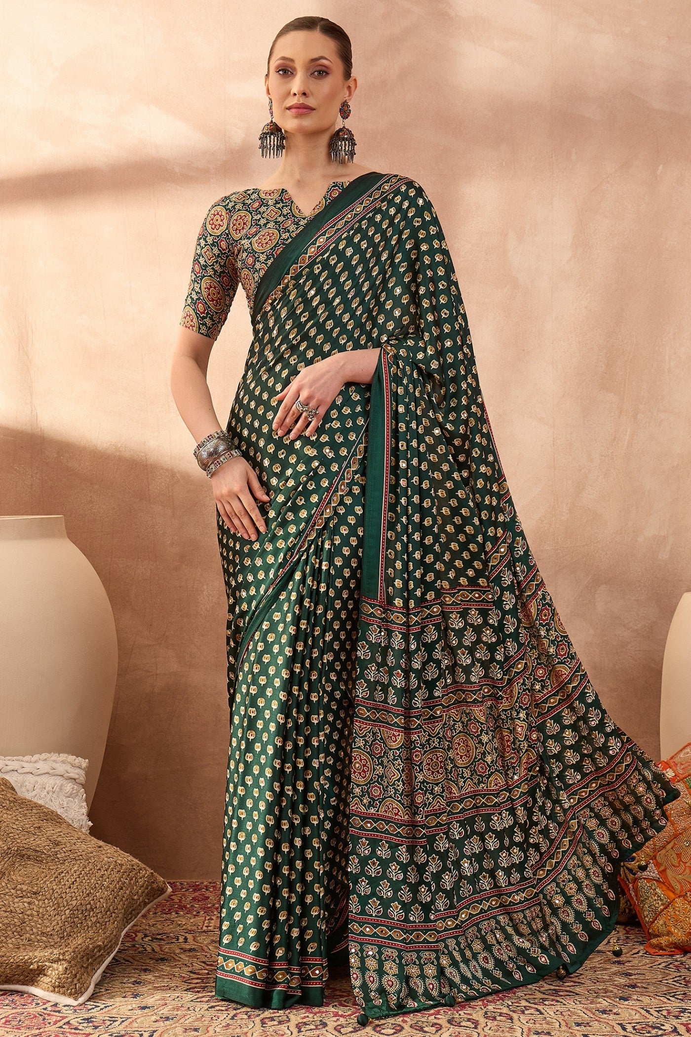 Buy MySilkLove Evergreen Modal Ajrakh Satin Printed Silk Saree Online