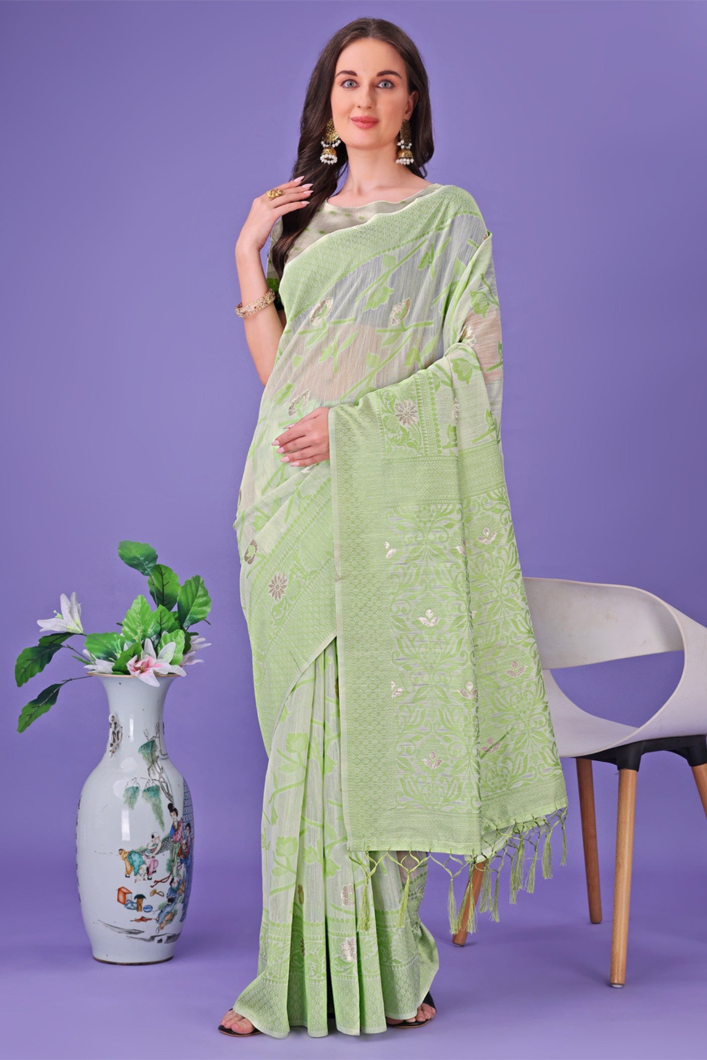 Buy MySilkLove Pista Green Linen Cotton Saree Online