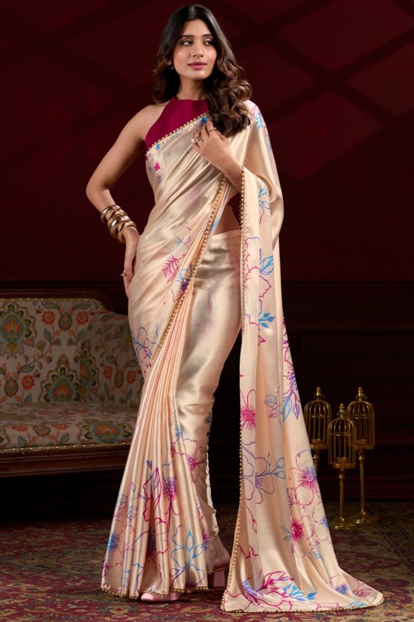 Buy MySilkLove Daisy Cream Floral Printed Satin Silk Saree Online
