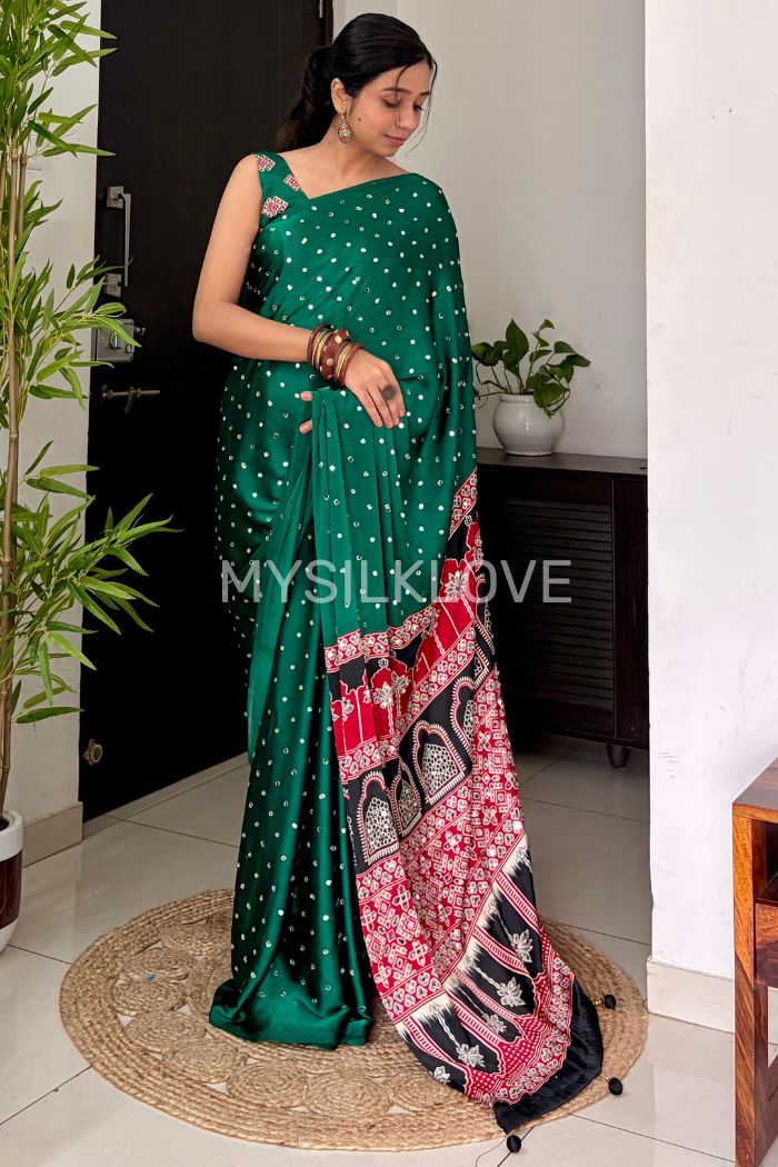 Buy MySilkLove Fire Fly Green Ajrakh Satin Printed Mirror Work Saree Online