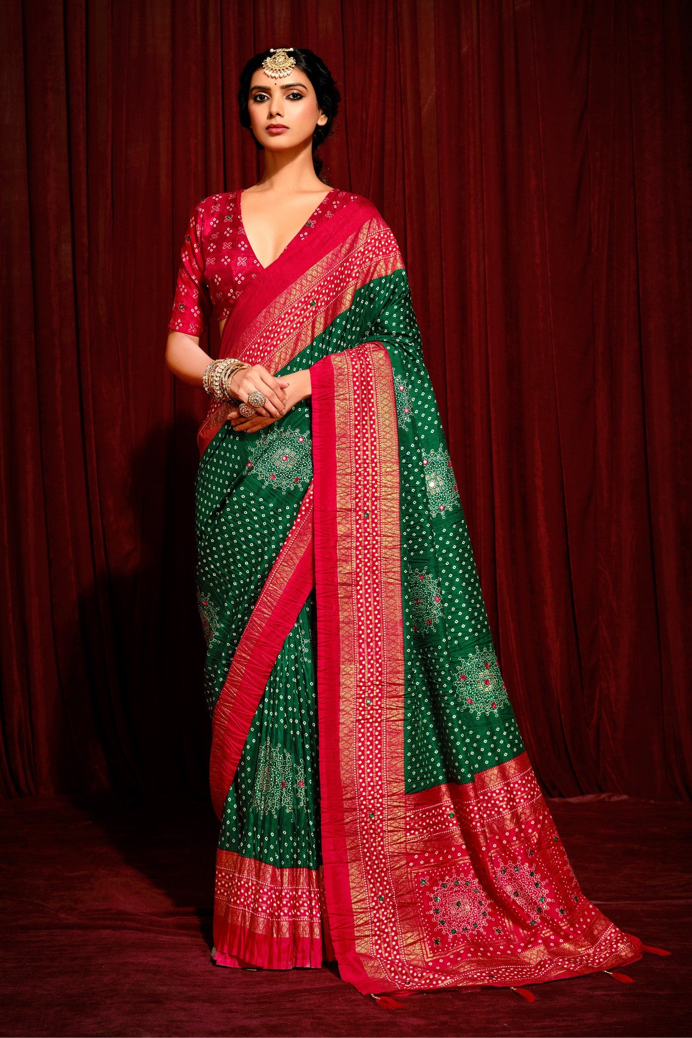 Buy MySilkLove Sage Green Tussar Bandhani Silk Saree Online