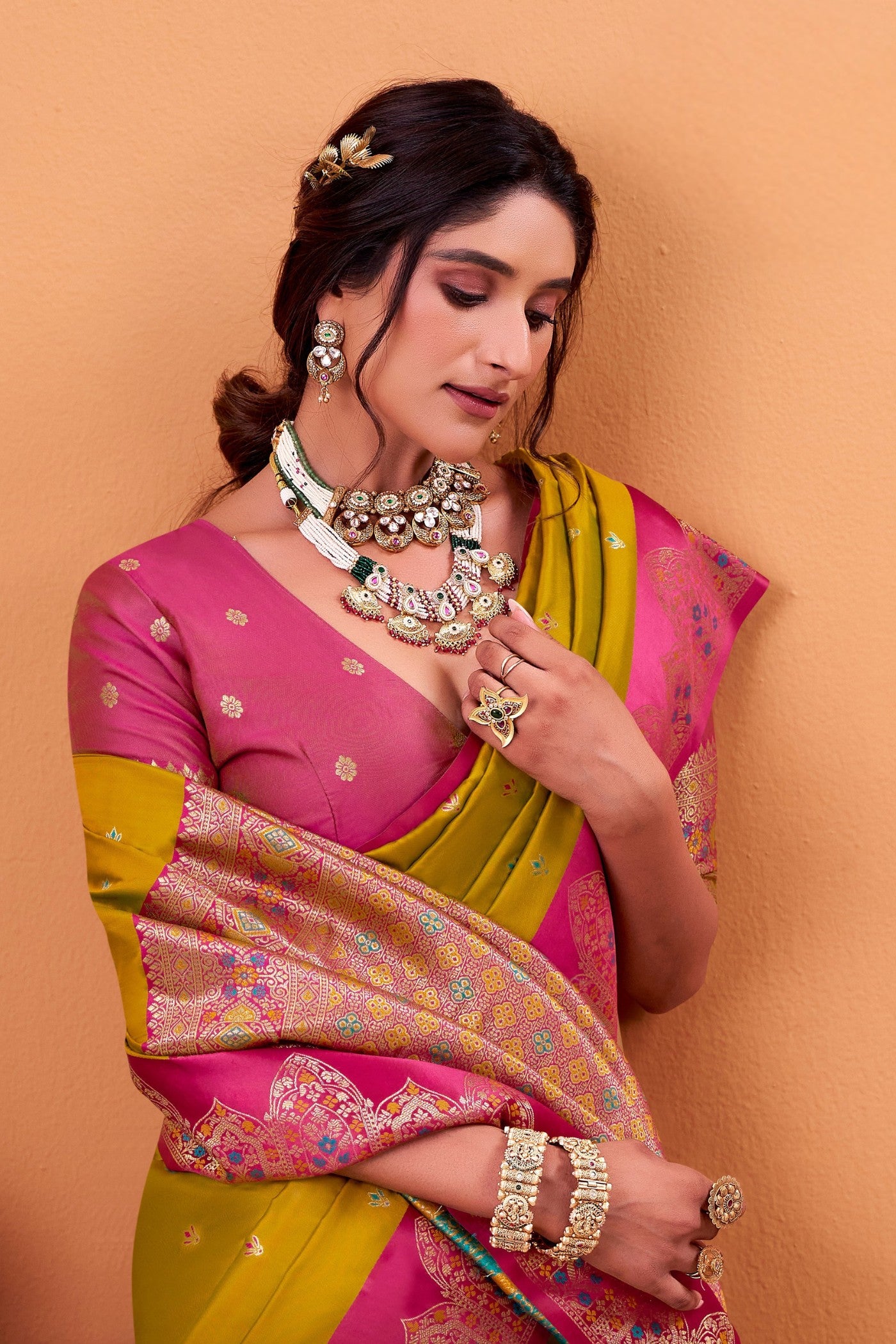 MySilkLove Daffodil Yellow Woven Satin Soft Silk Saree