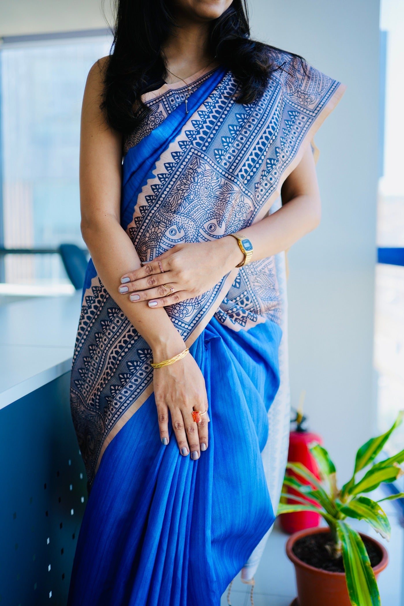 Buy MySilkLove Cobalt Blue Madhubani Printed Silk Saree Online
