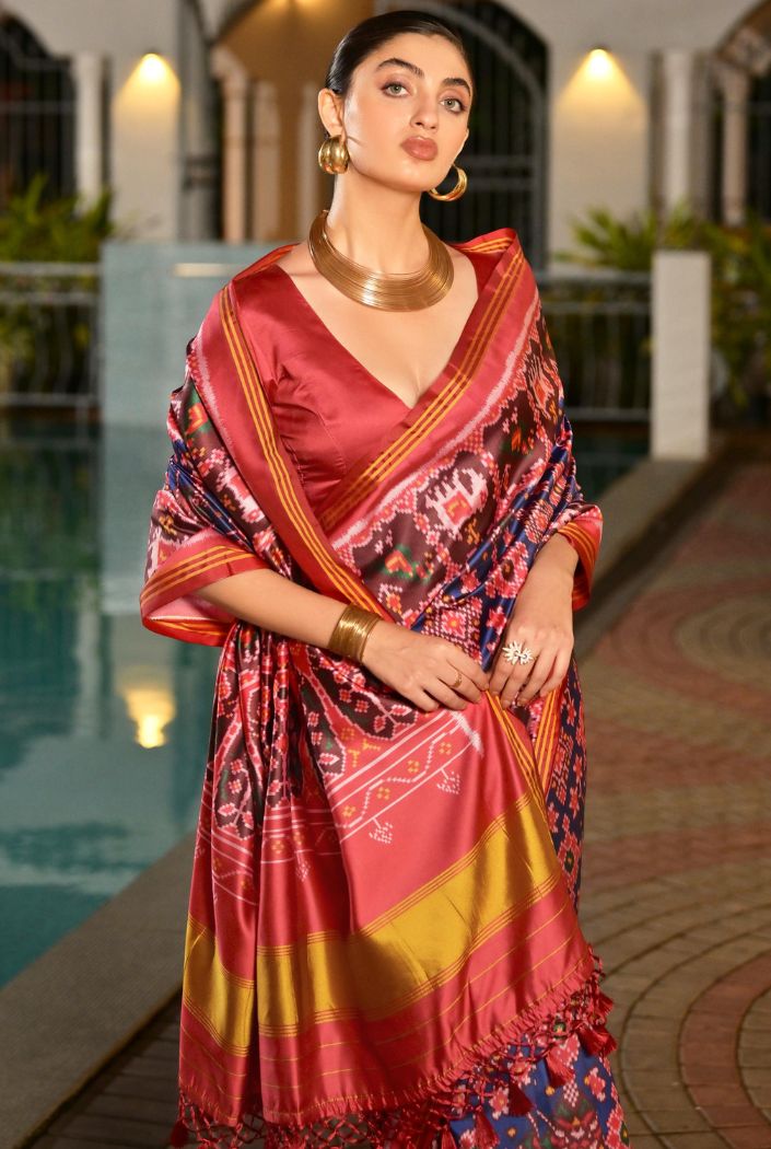 MySilkLove Mulled Wine Blue Printed Patola Soft Silk Saree