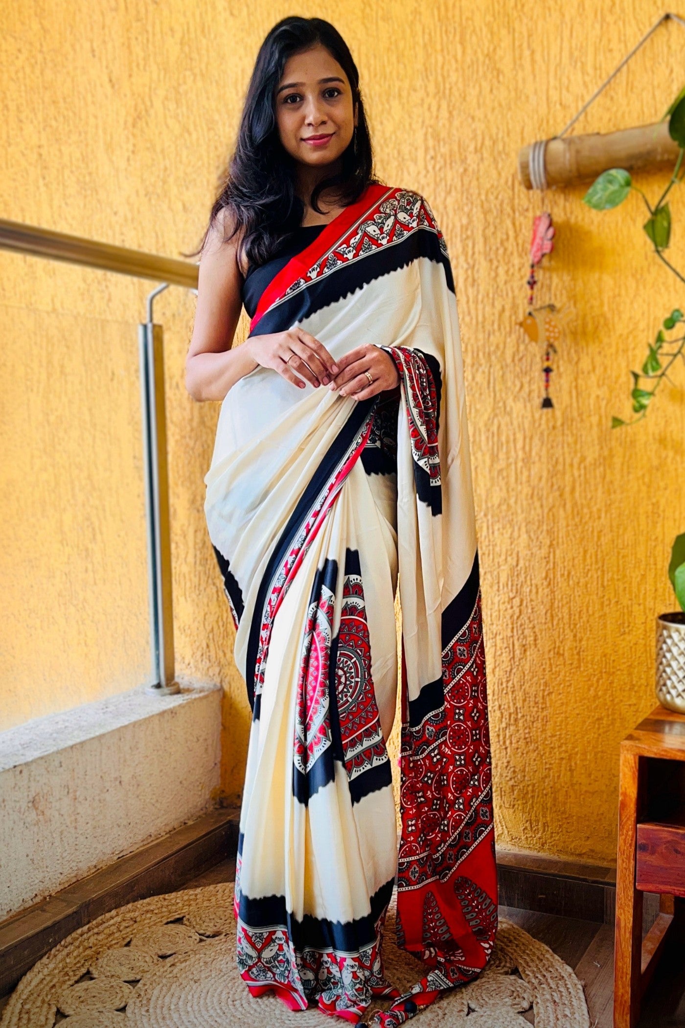 Buy MySilkLove Dutch White Ajrakh Printed Satin Silk Saree Online
