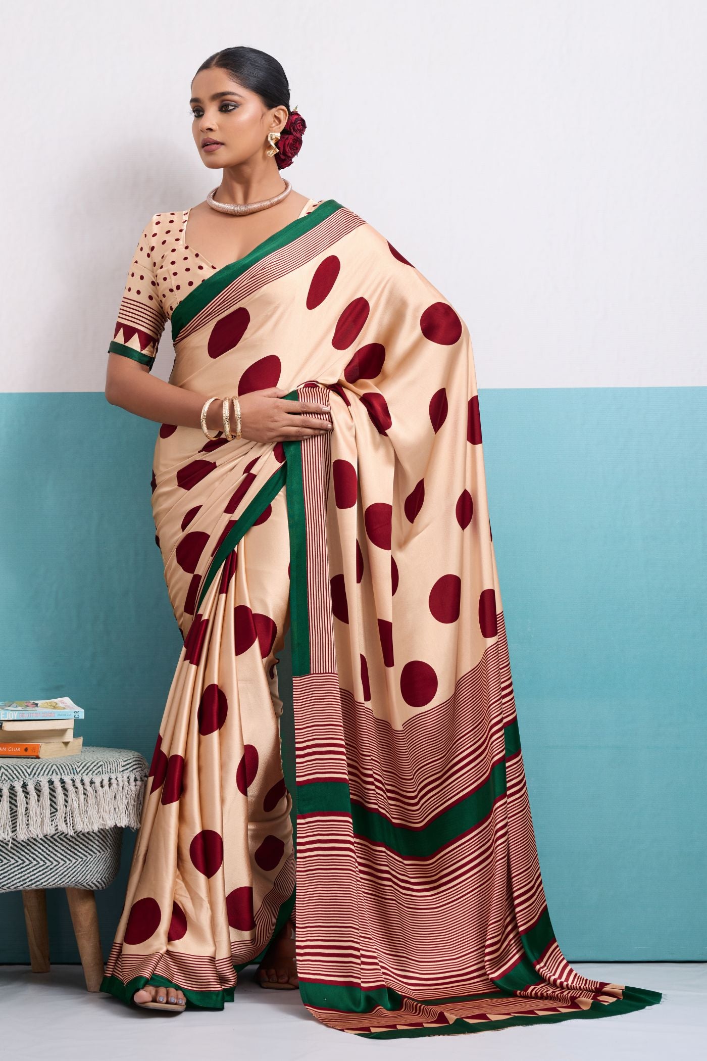 Buy MySilkLove Moonlight Cream and Maroon Polka Dots Satin Crepe Saree Online