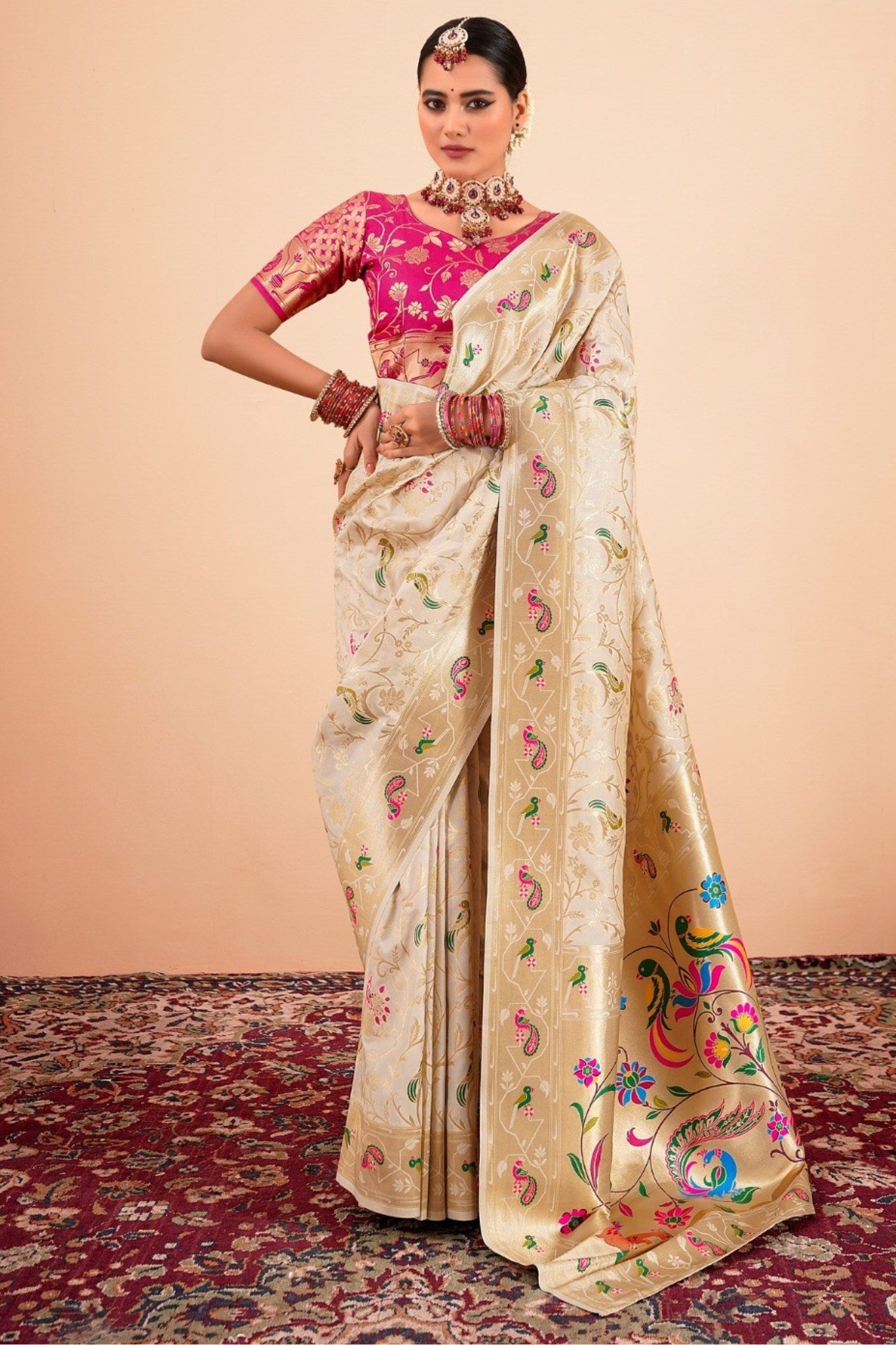 Buy MySilkLove Vanilla Cream Woven Paithani Saree Online