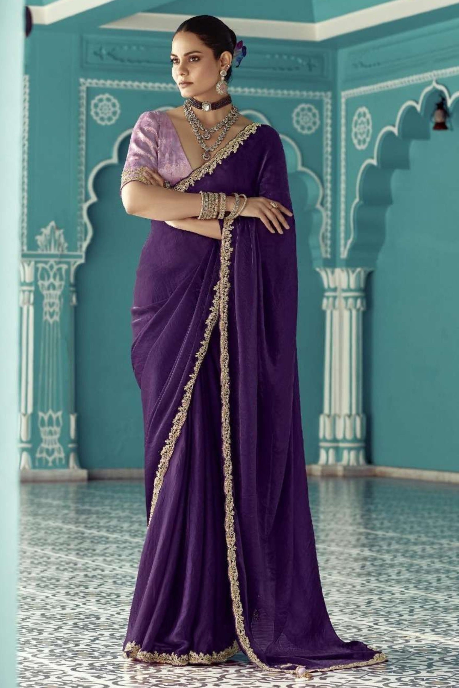 Buy MySilkLove Ebony Purple Embroidered Tissue Designer Saree Online