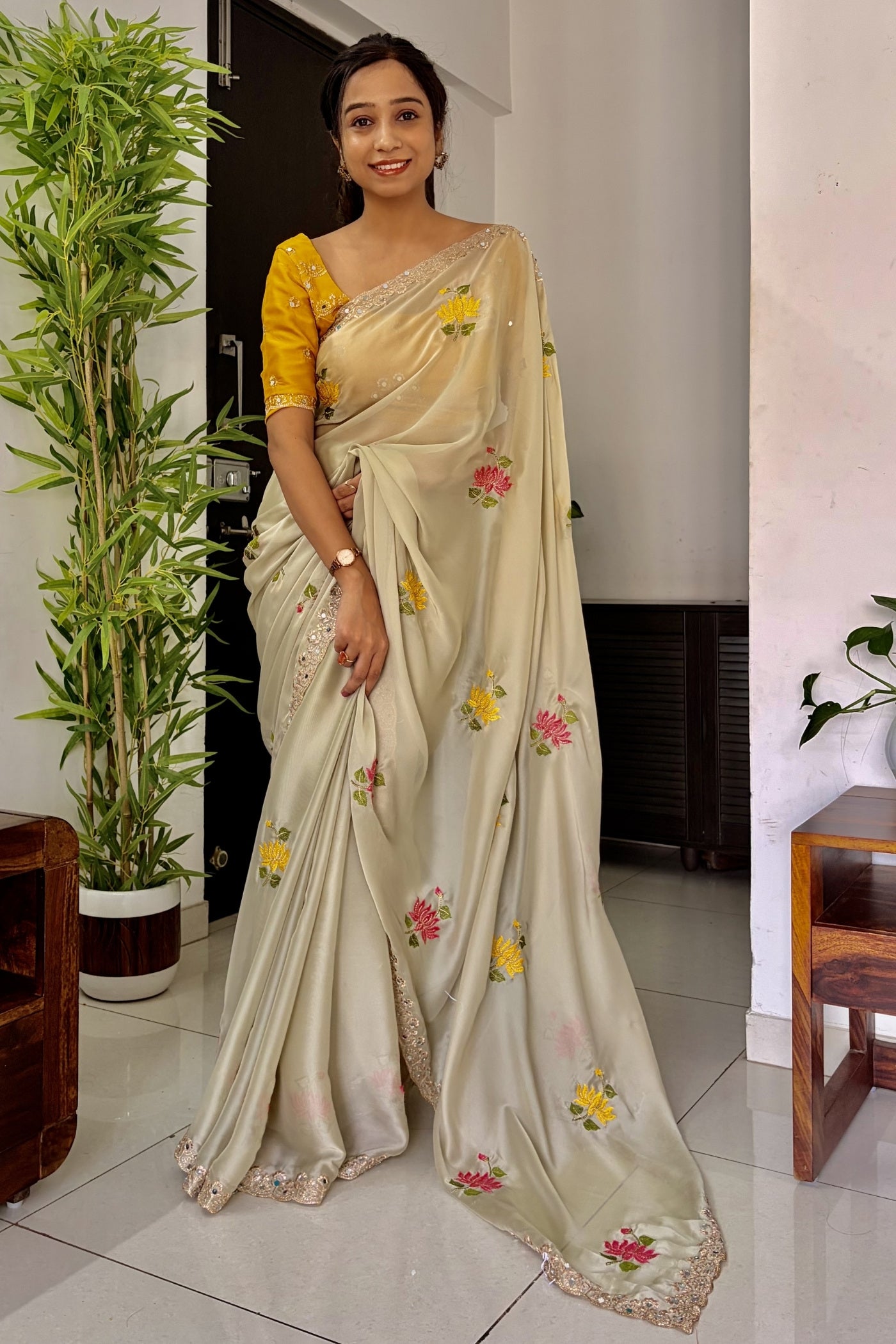 MySilkLove Dutch Cream and Yellow Embroidery Chiffon Floral Saree